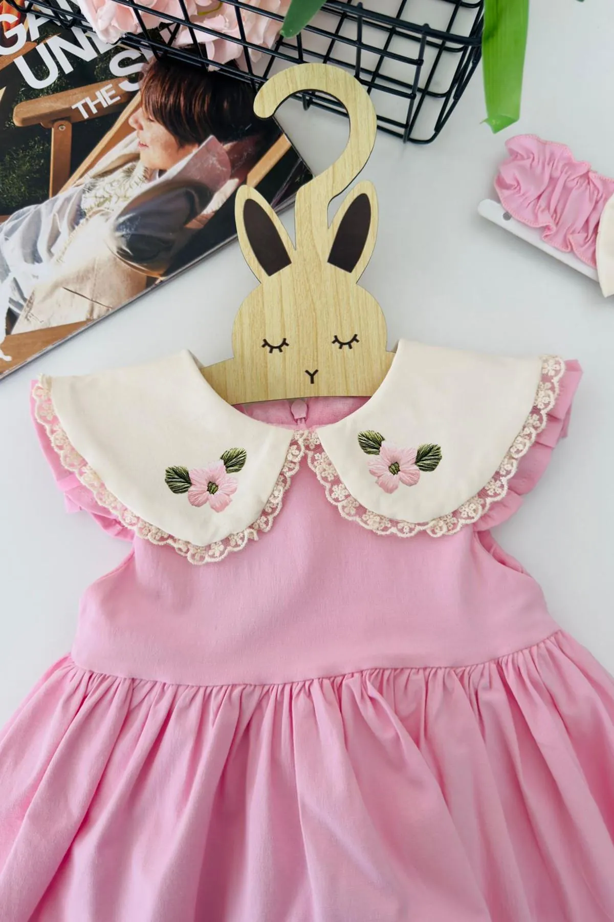 Miniğimin Cicileri Çiçek Baskılı Yakalı Kız Bebek Elbise - Pembe