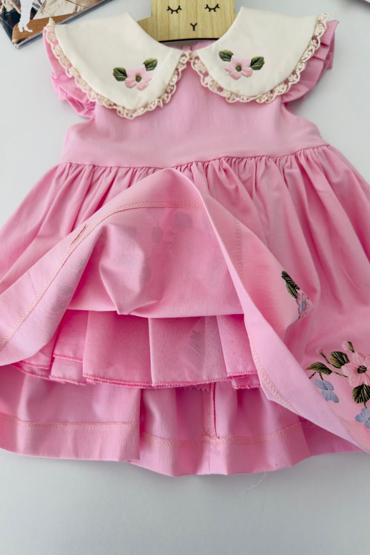 Miniğimin Cicileri Çiçek Baskılı Yakalı Kız Bebek Elbise - Pembe