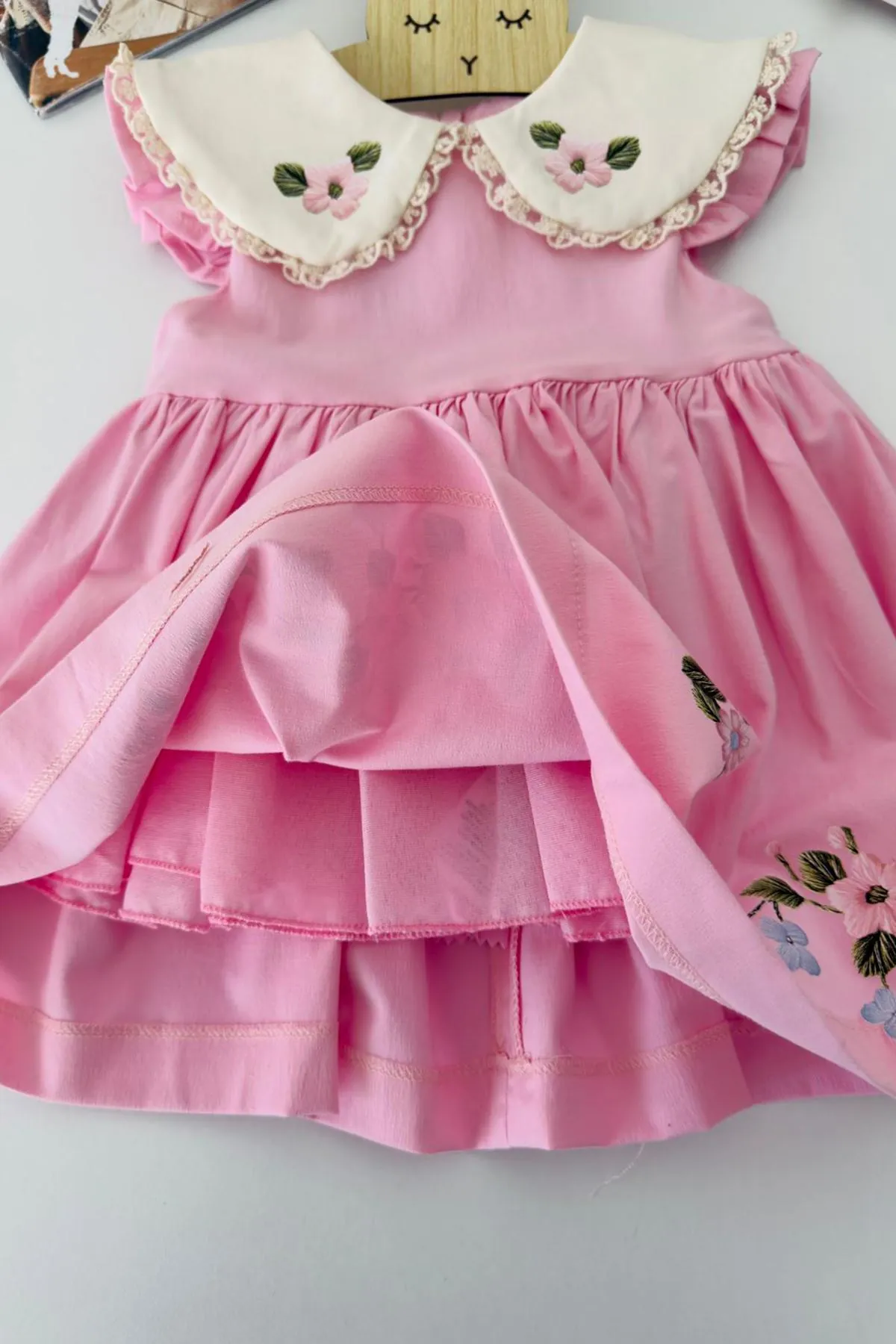 Miniğimin Cicileri Çiçek Baskılı Yakalı Kız Bebek Elbise - Pembe