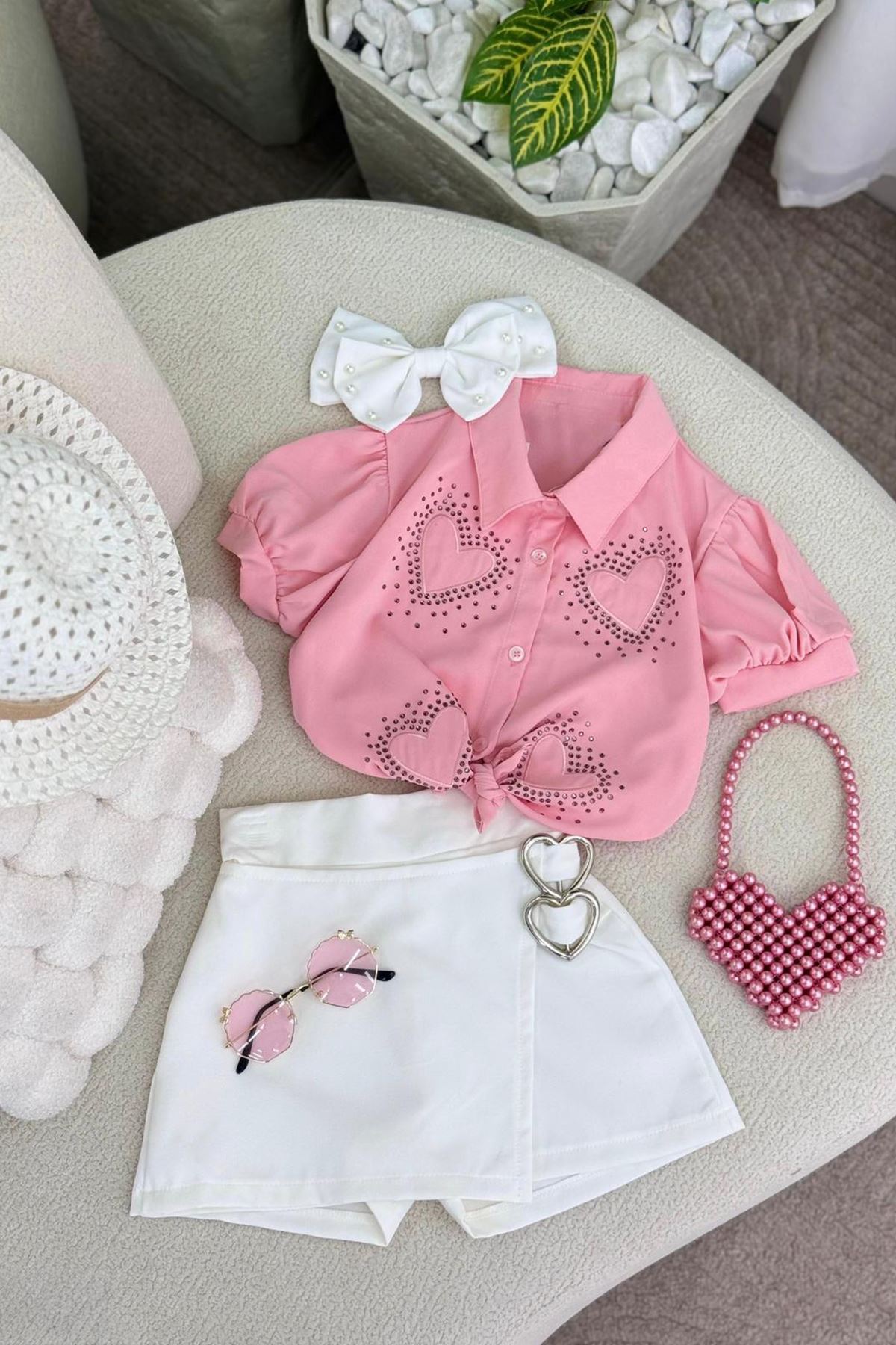 Miniğimin Cicileri Kalp Desenli Çantalı Kız Çocuk 4 lü Takım - Pembe