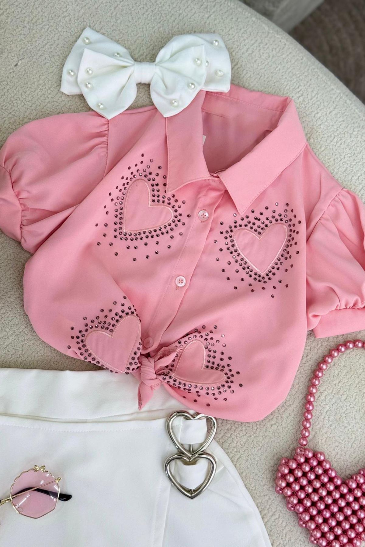 Miniğimin Cicileri Kalp Desenli Çantalı Kız Çocuk 4 lü Takım - Pembe