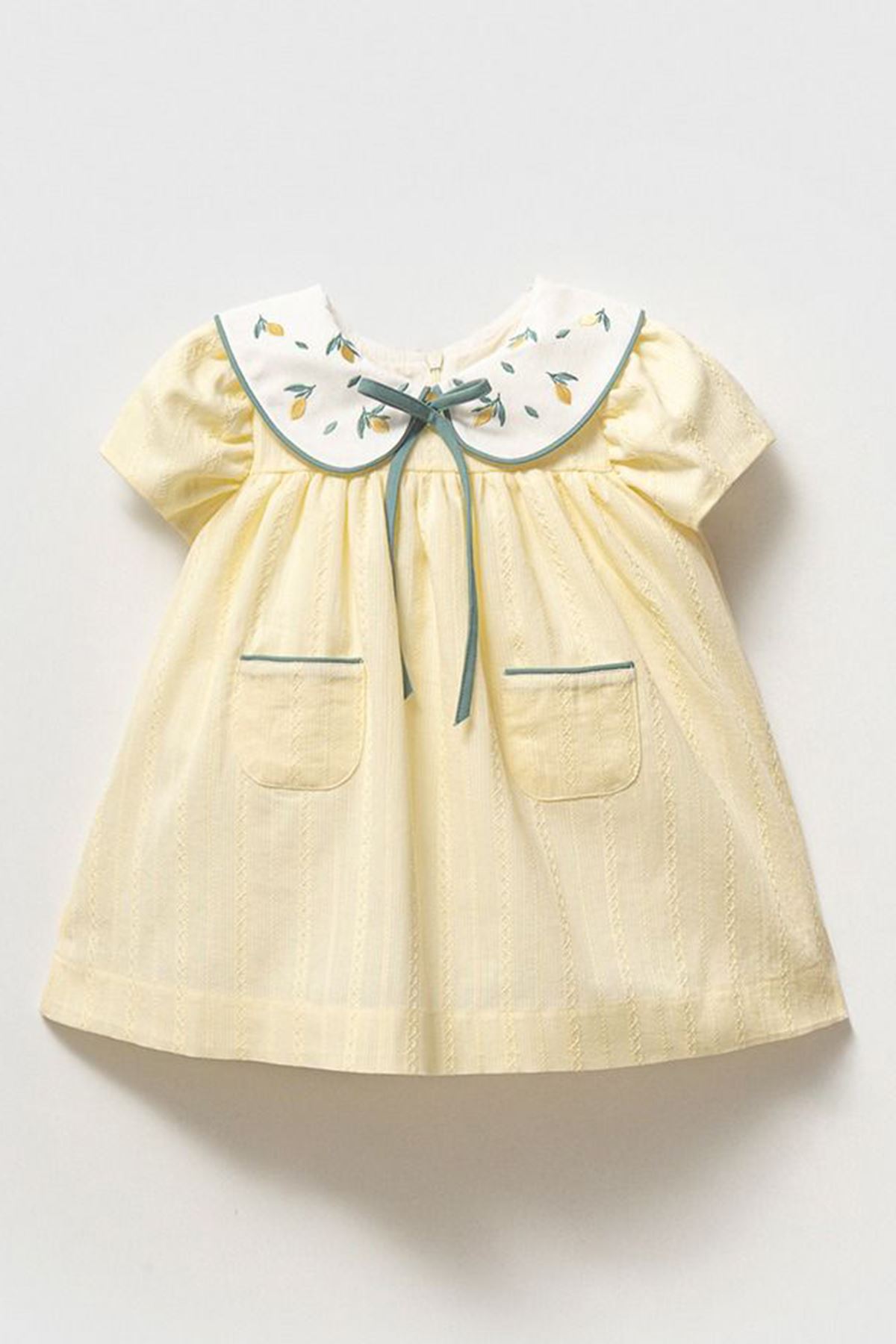 Miniğimin Cicileri Limon Nakışlı Bebe Yaka Kız Bebek Elbise - Sarı