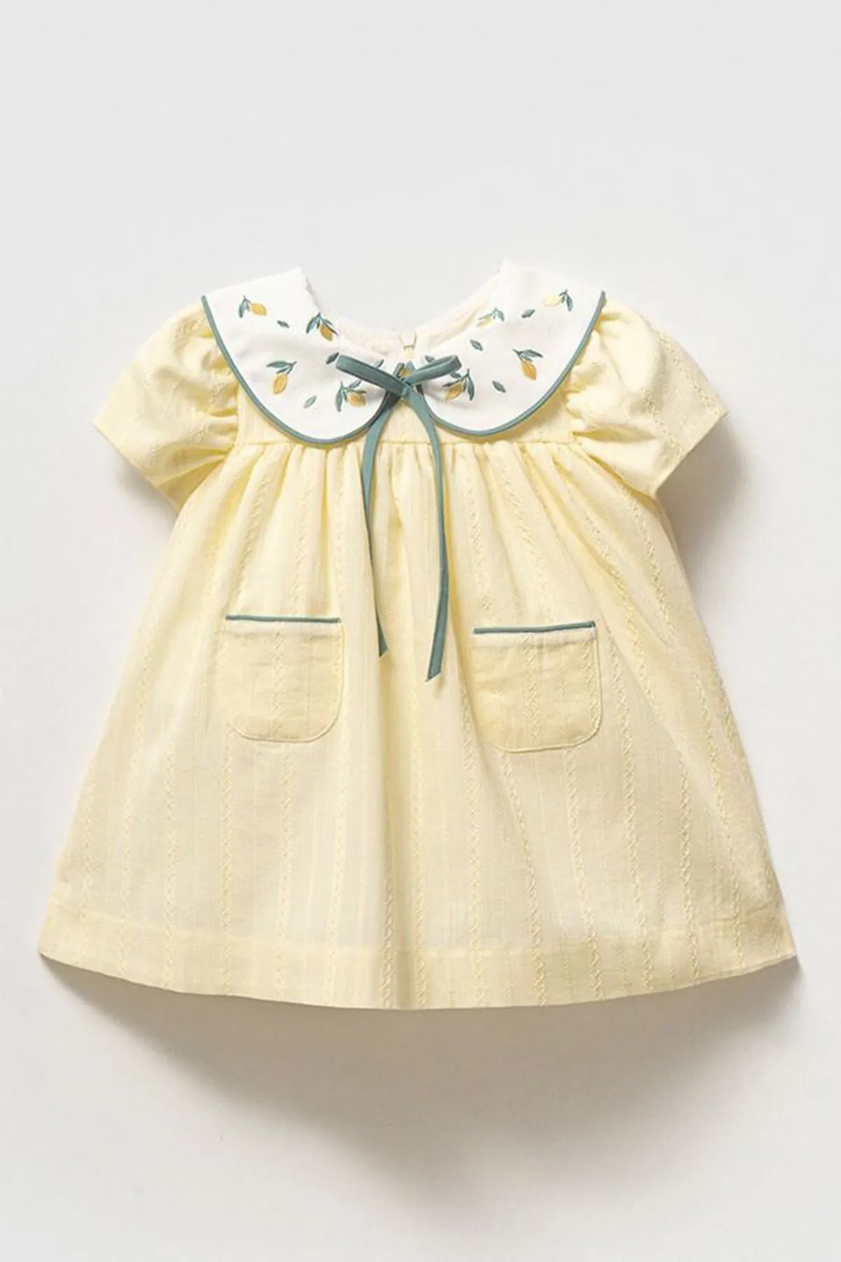 Miniğimin Cicileri Limon Nakışlı Bebe Yaka Kız Bebek Elbise - Sarı