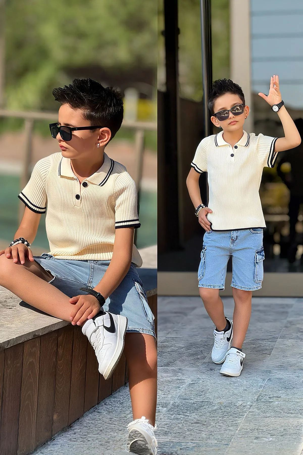Miniğimin Cicileri Triko Polo Yaka Kot Şortlu Erkek Çocuk Takım - Krem