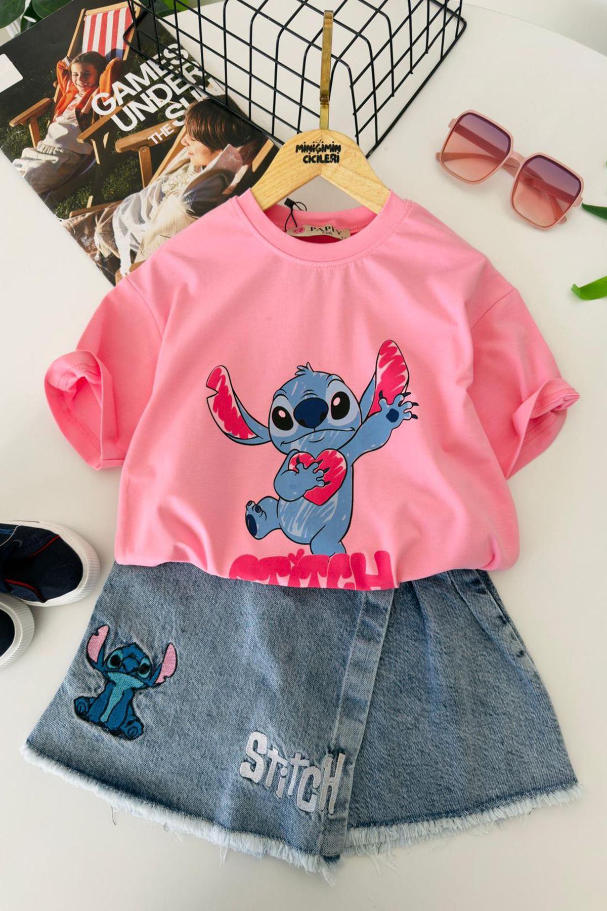 Miniğimin Cicileri Sttch Baskılı Kot Şort Etekli Kız Çocuk Takım - Pembe