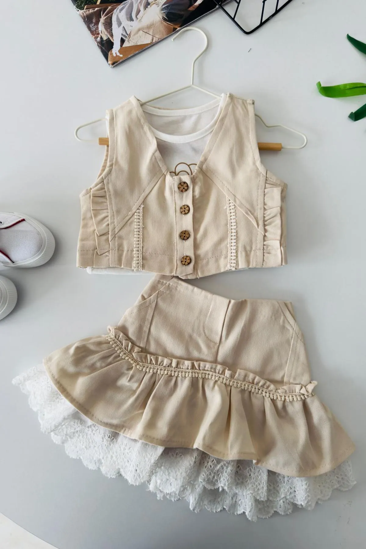 Miniğimin Cicileri Vintage Dantel Katmanlı Kız Çocuk 3 lü Etekli Takım - Krem