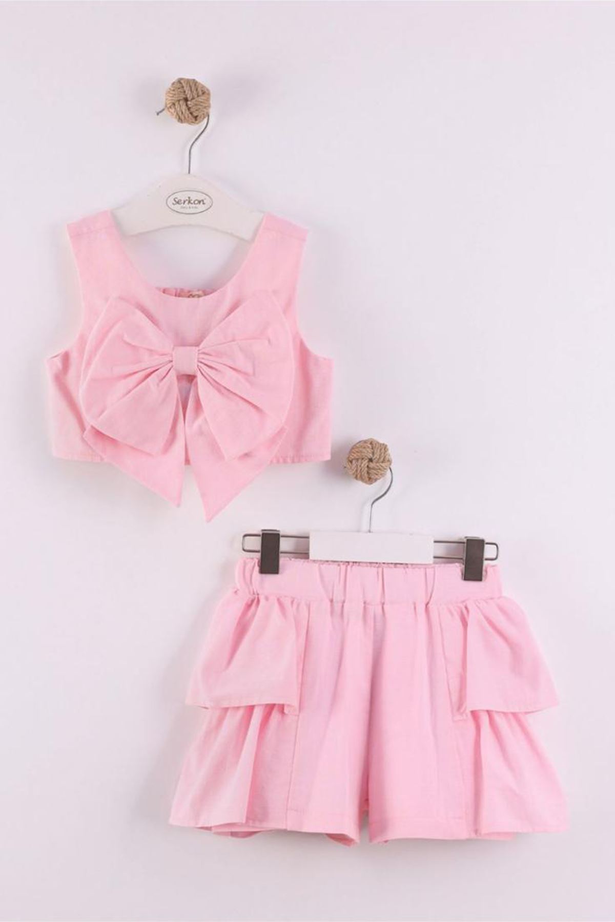 Miniğimin Cicileri Fiyonklu Gipeli Crop Şortlu Kız Çocuk Takım - Pembe