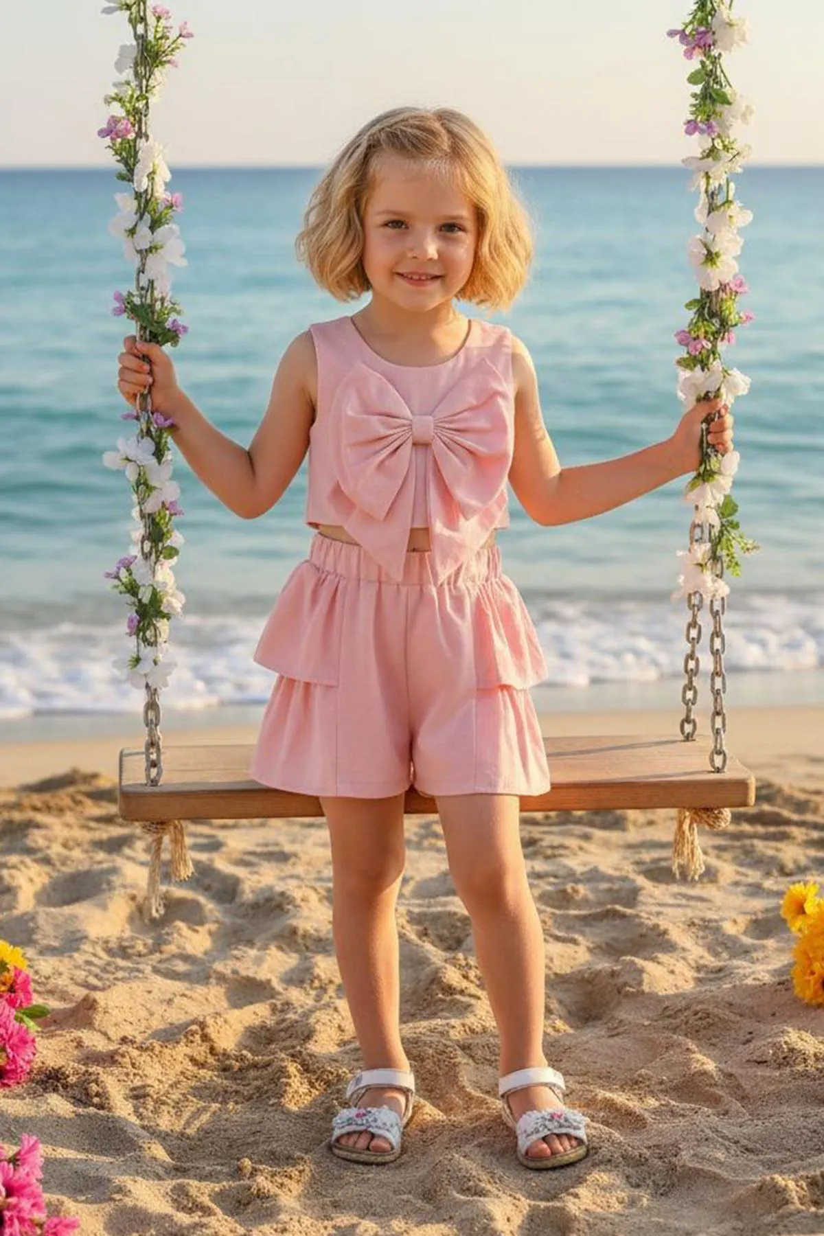 Miniğimin Cicileri Fiyonklu Gipeli Crop Şortlu Kız Çocuk Takım - Pembe