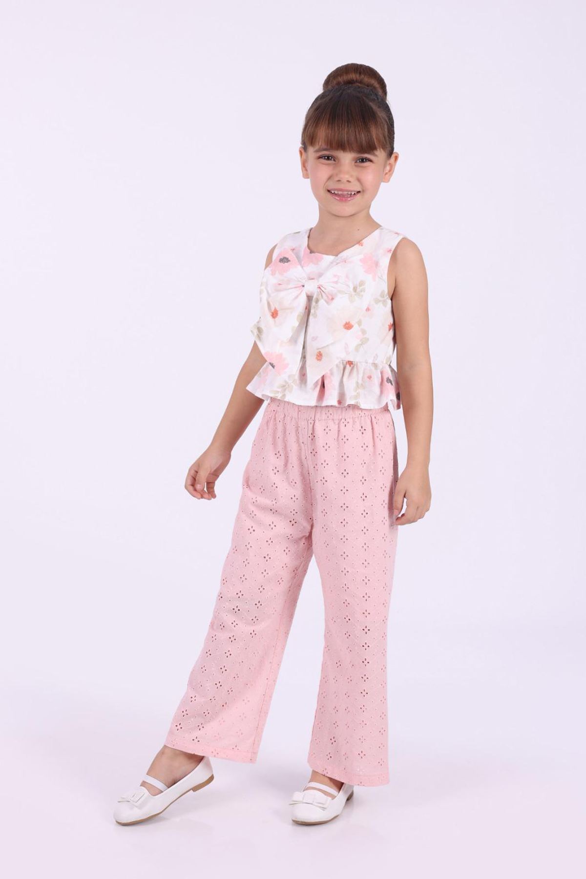 Miniğimin Cicileri Çiçekli Crop Brode Pantolonlu Kız Çocuk Takım - Pembe