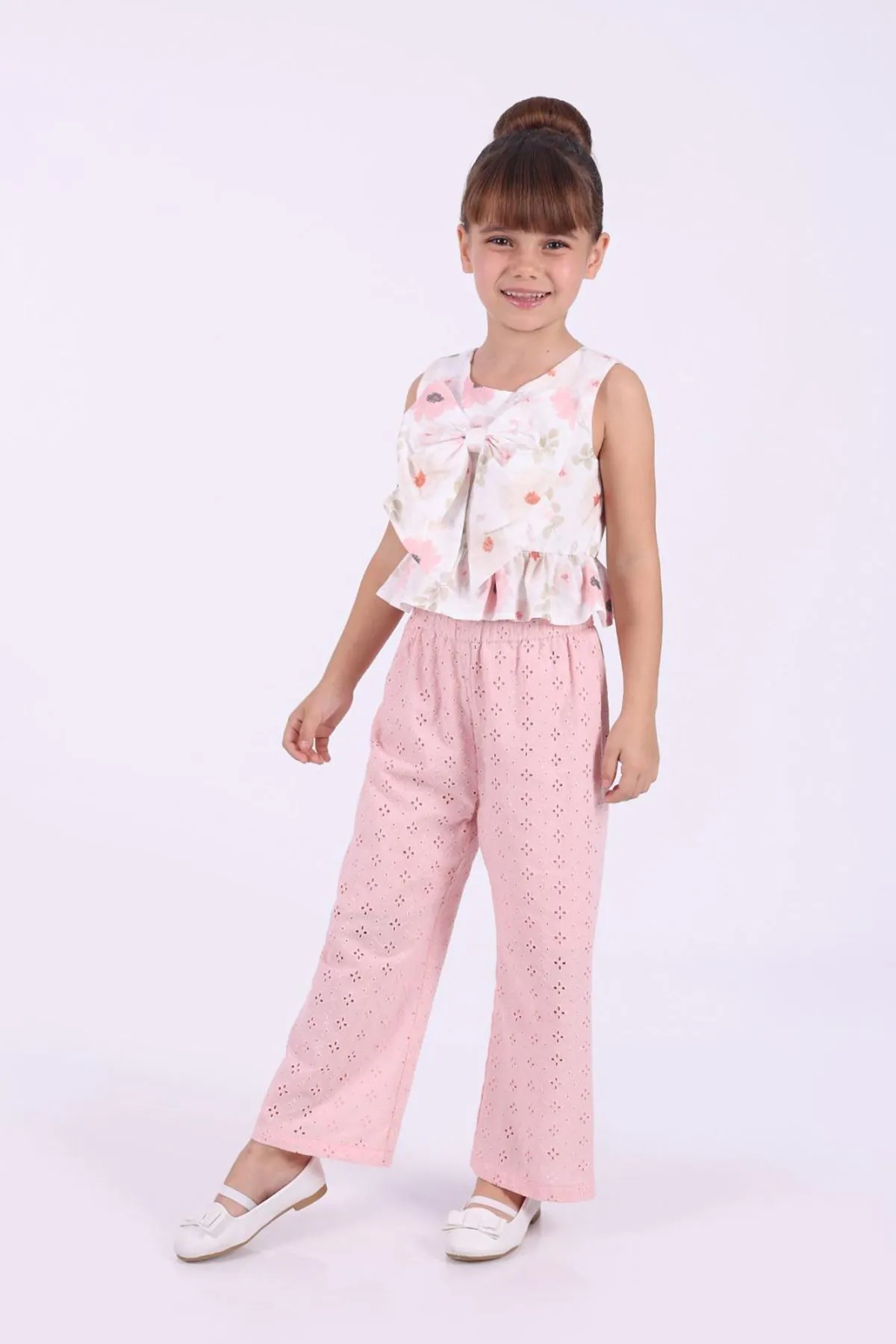 Miniğimin Cicileri Çiçekli Crop Brode Pantolonlu Kız Çocuk Takım - Pembe