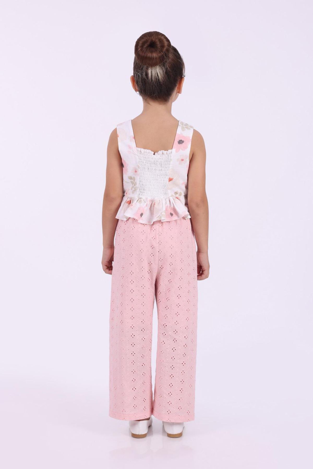 Miniğimin Cicileri Çiçekli Crop Brode Pantolonlu Kız Çocuk Takım - Pembe