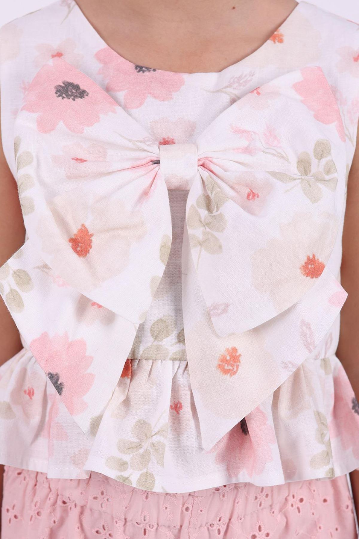 Miniğimin Cicileri Çiçekli Crop Brode Pantolonlu Kız Çocuk Takım - Pembe