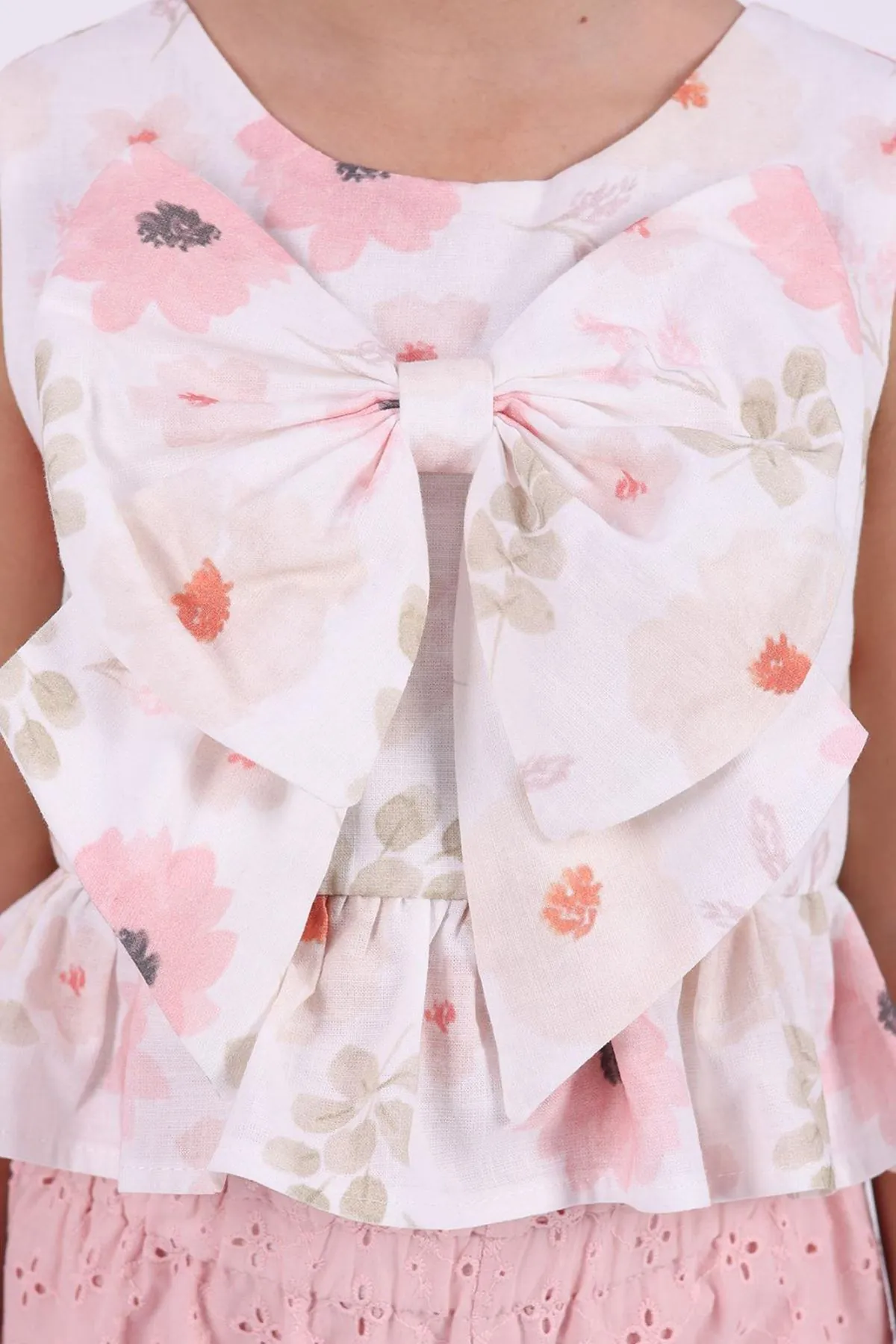 Miniğimin Cicileri Çiçekli Crop Brode Pantolonlu Kız Çocuk Takım - Pembe