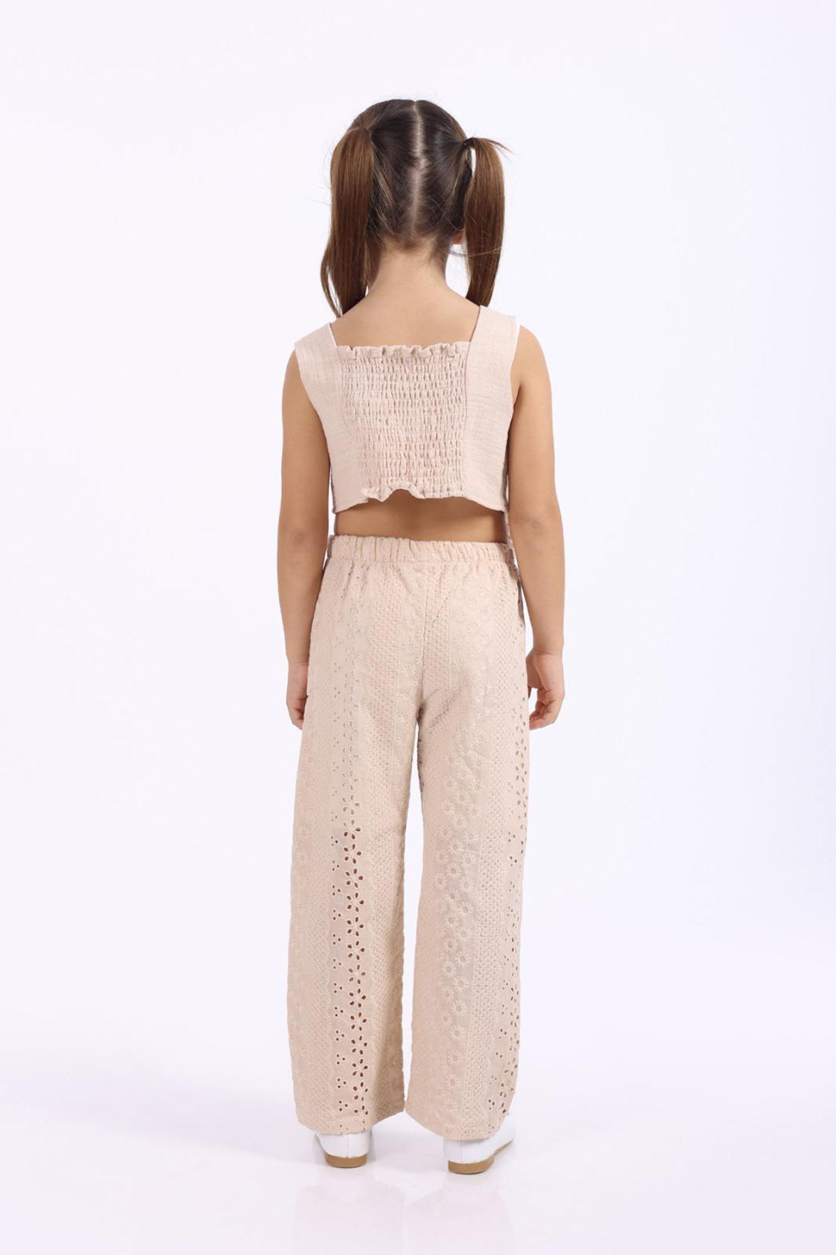 Miniğimin Cicileri Fiyonklu Crop Brode Pantolonlu Kız Çocuk Takım - Vizon