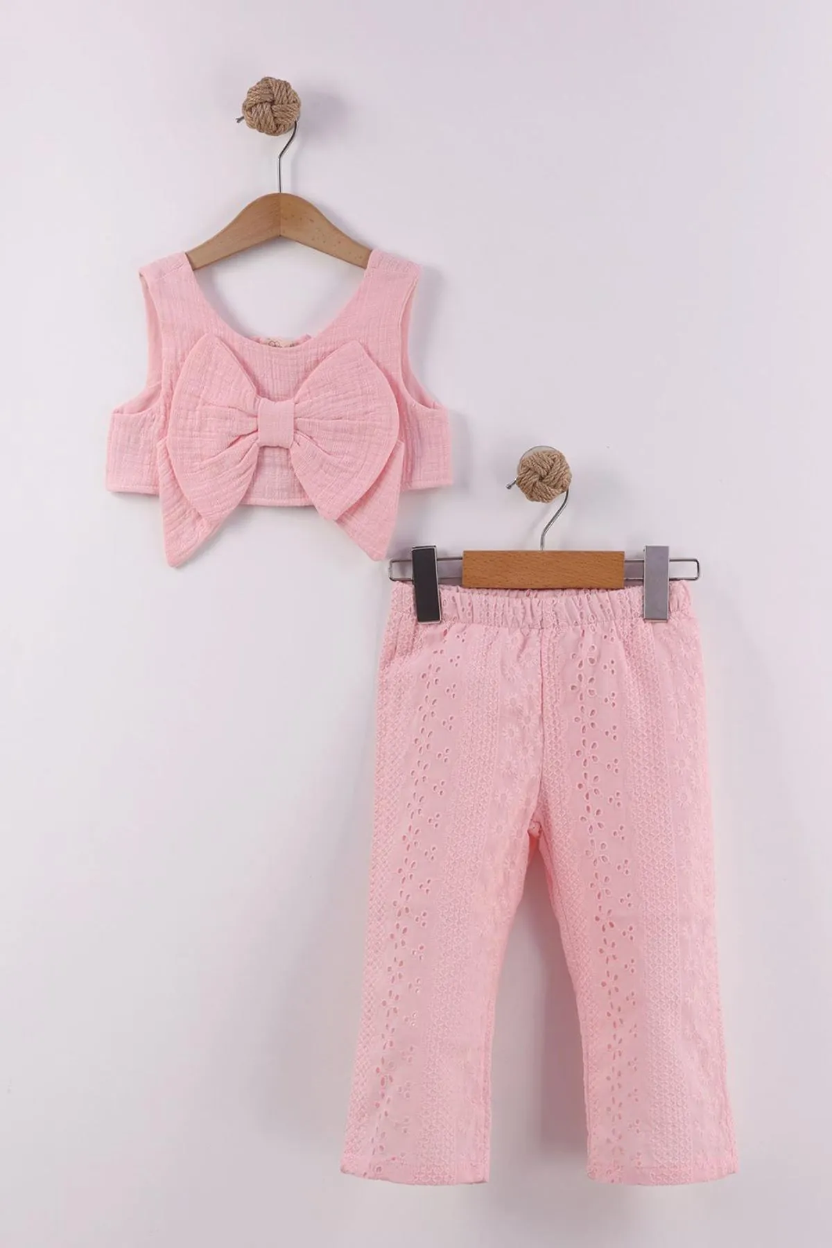 Miniğimin Cicileri Fiyonklu Crop Brode Pantolonlu Kız Çocuk Takım - Pembe