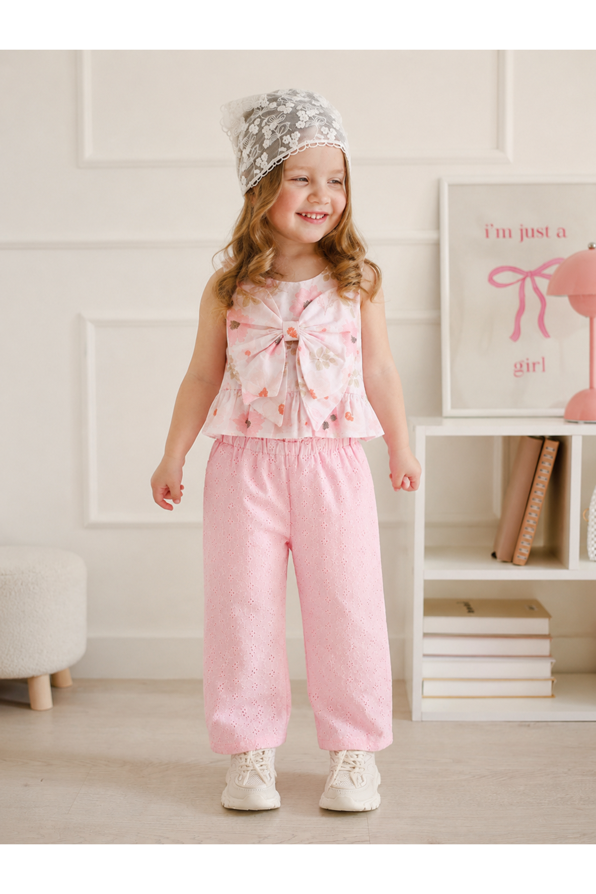Miniğimin Cicileri Çiçekli Crop Brode Pantolonlu Kız Çocuk Takım - Pembe