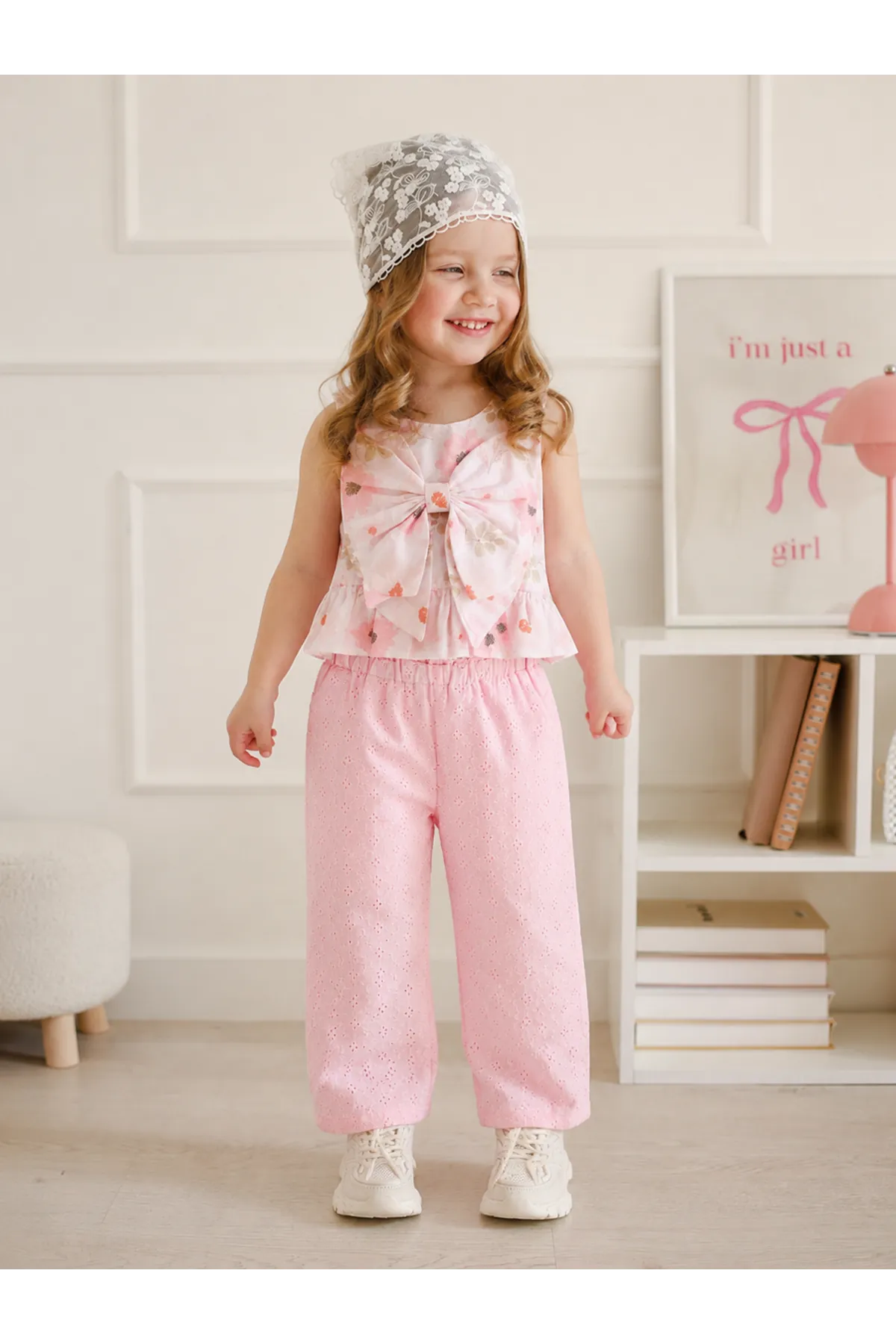 Miniğimin Cicileri Çiçekli Crop Brode Pantolonlu Kız Çocuk Takım - Pembe