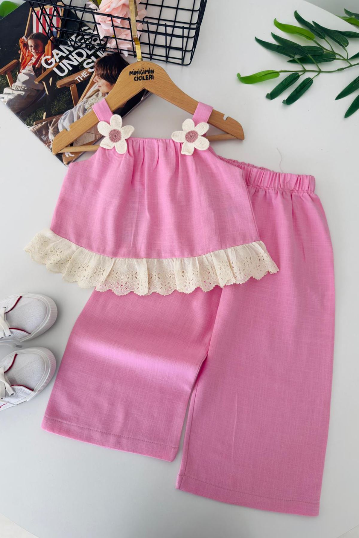 Miniğimin Cicileri Papatya Detaylı Fistolu Kız Çocuk 2 li Takım - Pembe