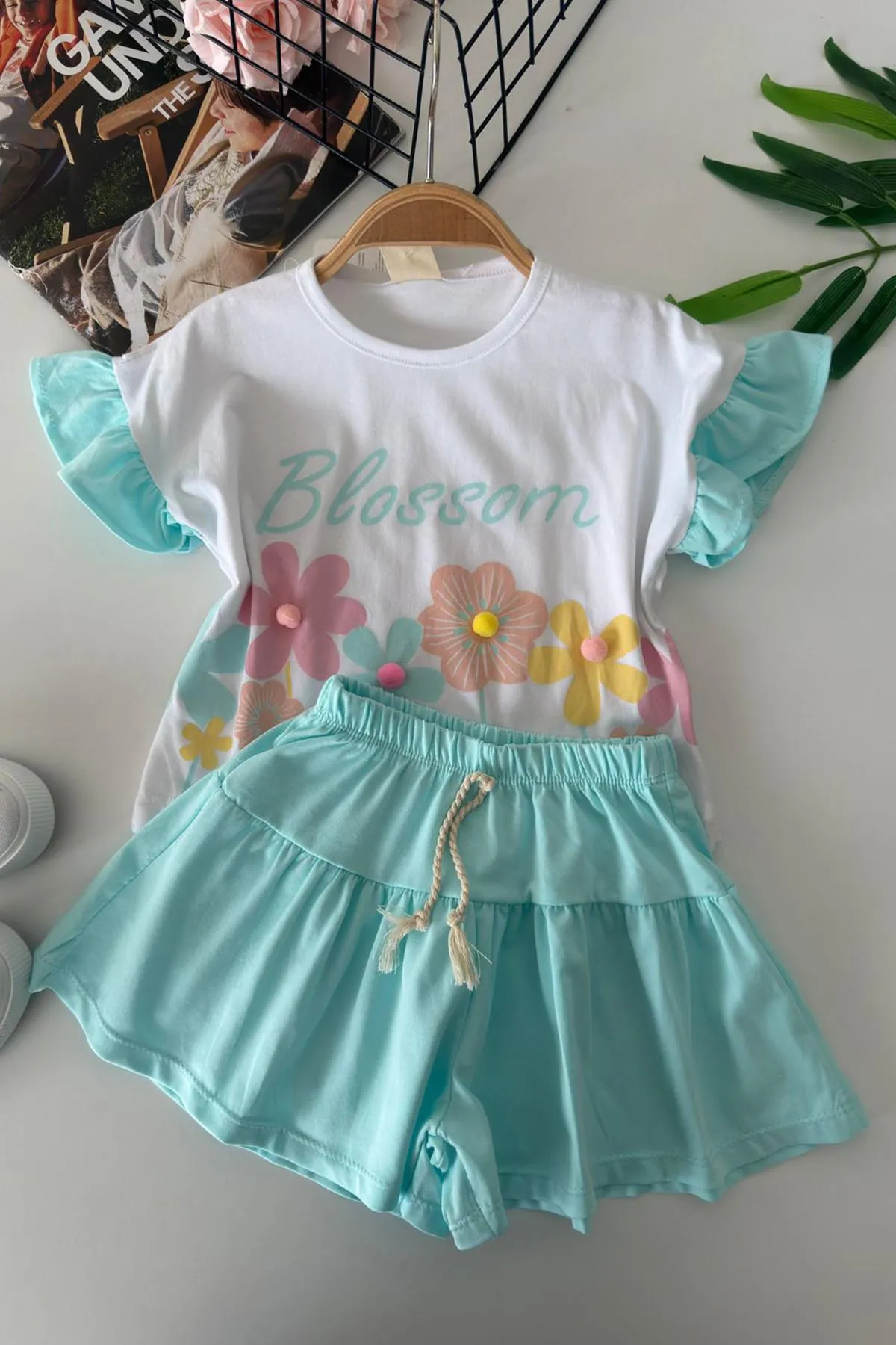 Miniğimin Cicileri Blossom Çiçek Baskılı Etekli Kız Çocuk Takım - Turkuaz