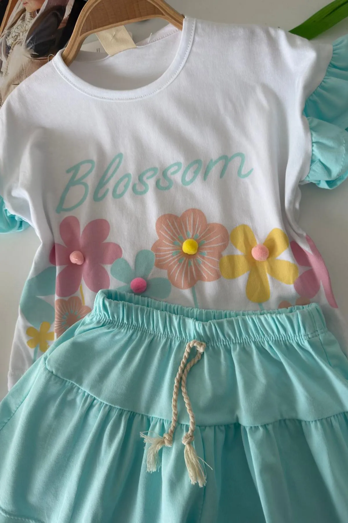 Miniğimin Cicileri Blossom Çiçek Baskılı Etekli Kız Çocuk Takım - Turkuaz