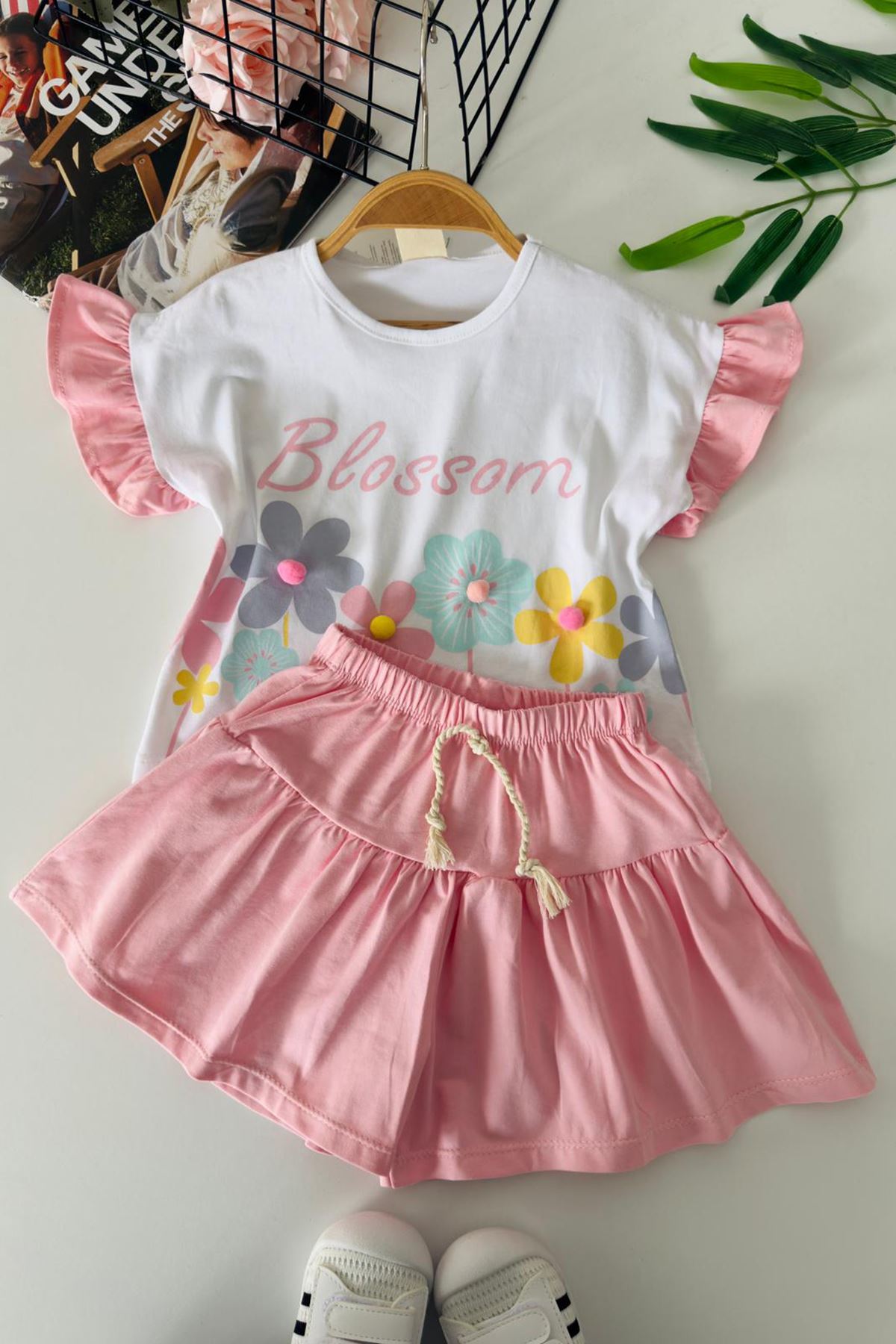 Miniğimin Cicileri Blossom Çiçek Baskılı Etekli Kız Çocuk Takım - Pembe