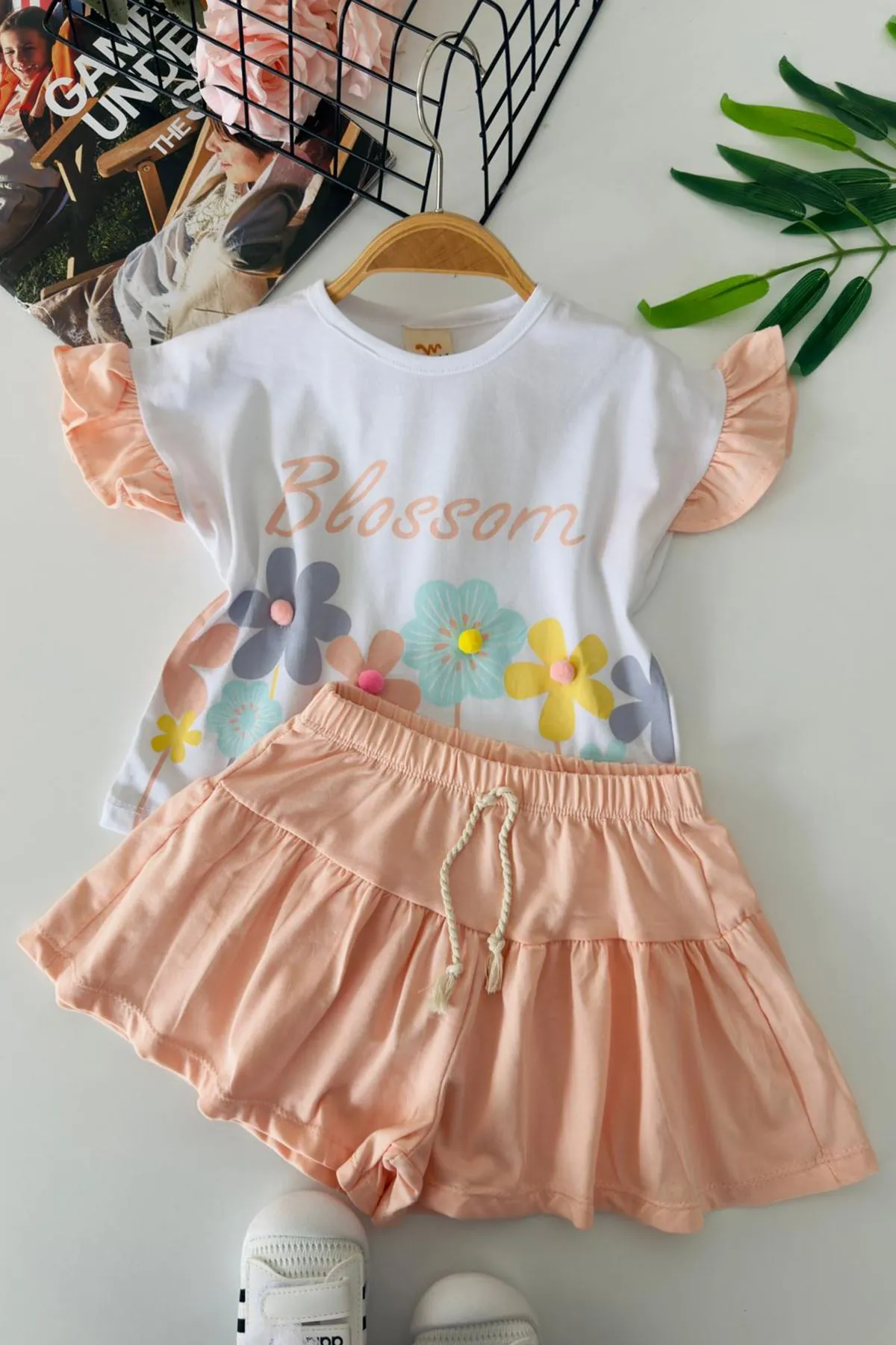 Miniğimin Cicileri Blossom Çiçek Baskılı Etekli Kız Çocuk Takım - Somon