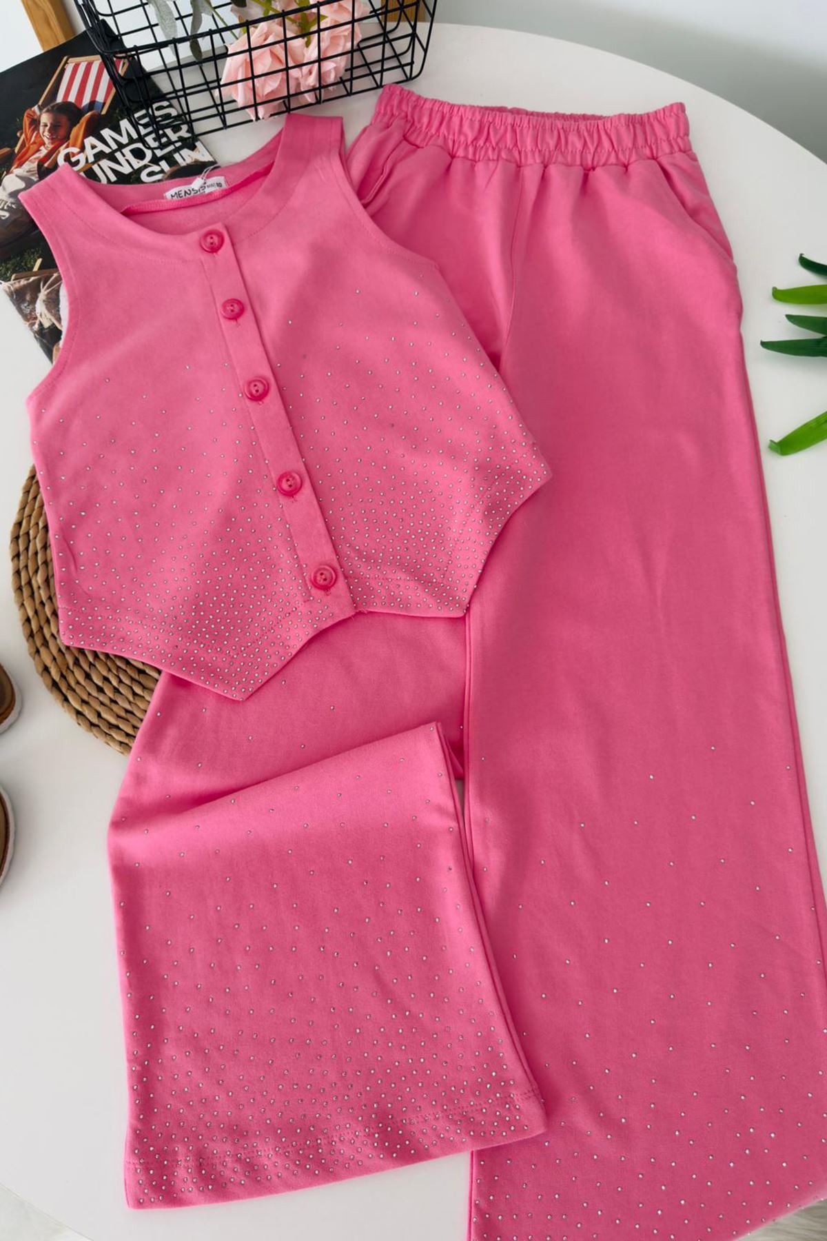 Miniğimin Cicileri Taş İşlemeli Yelekli Kız Çocuk 2 li Takım - Pembe