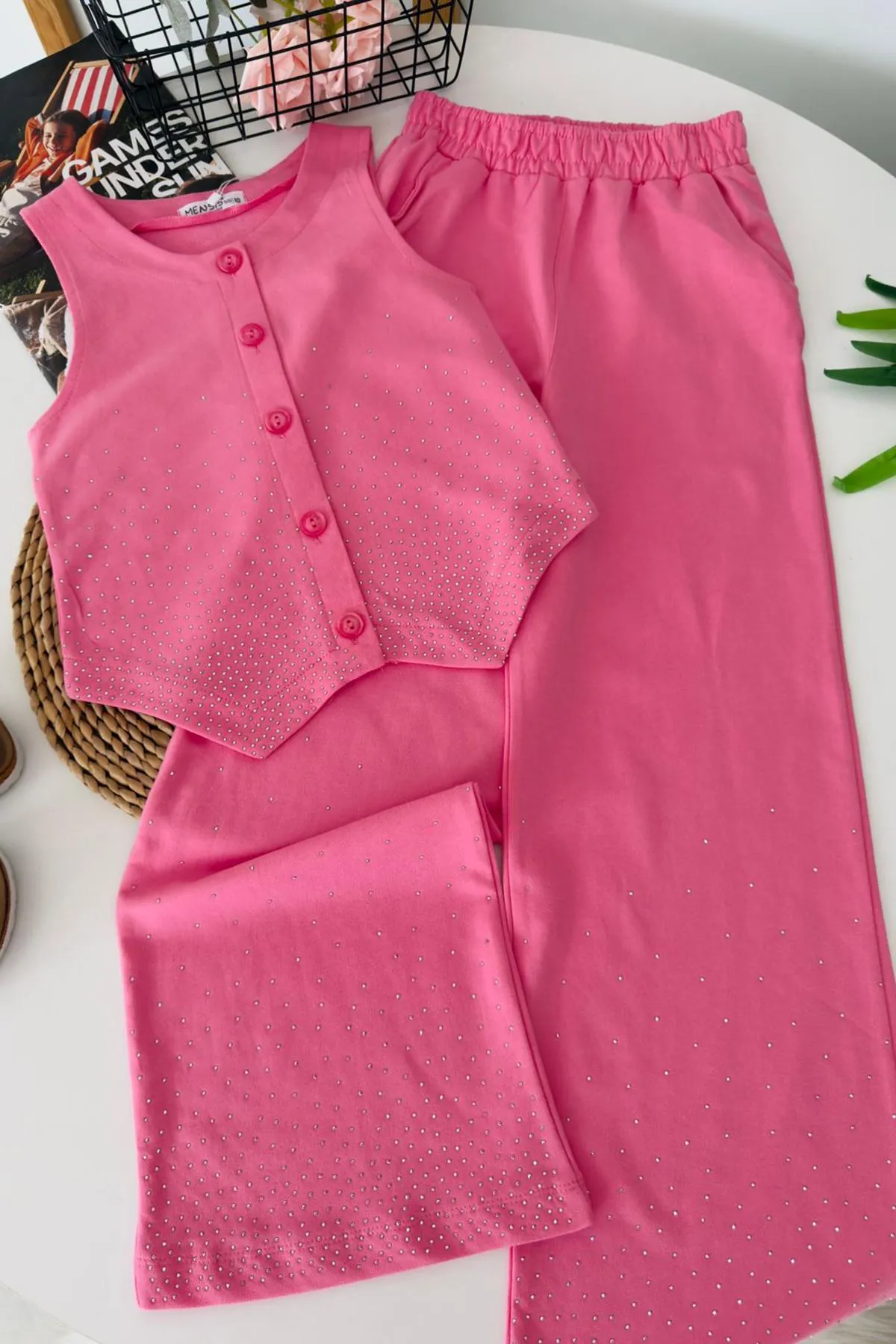 Miniğimin Cicileri Taş İşlemeli Yelekli Kız Çocuk 2 li Takım - Pembe