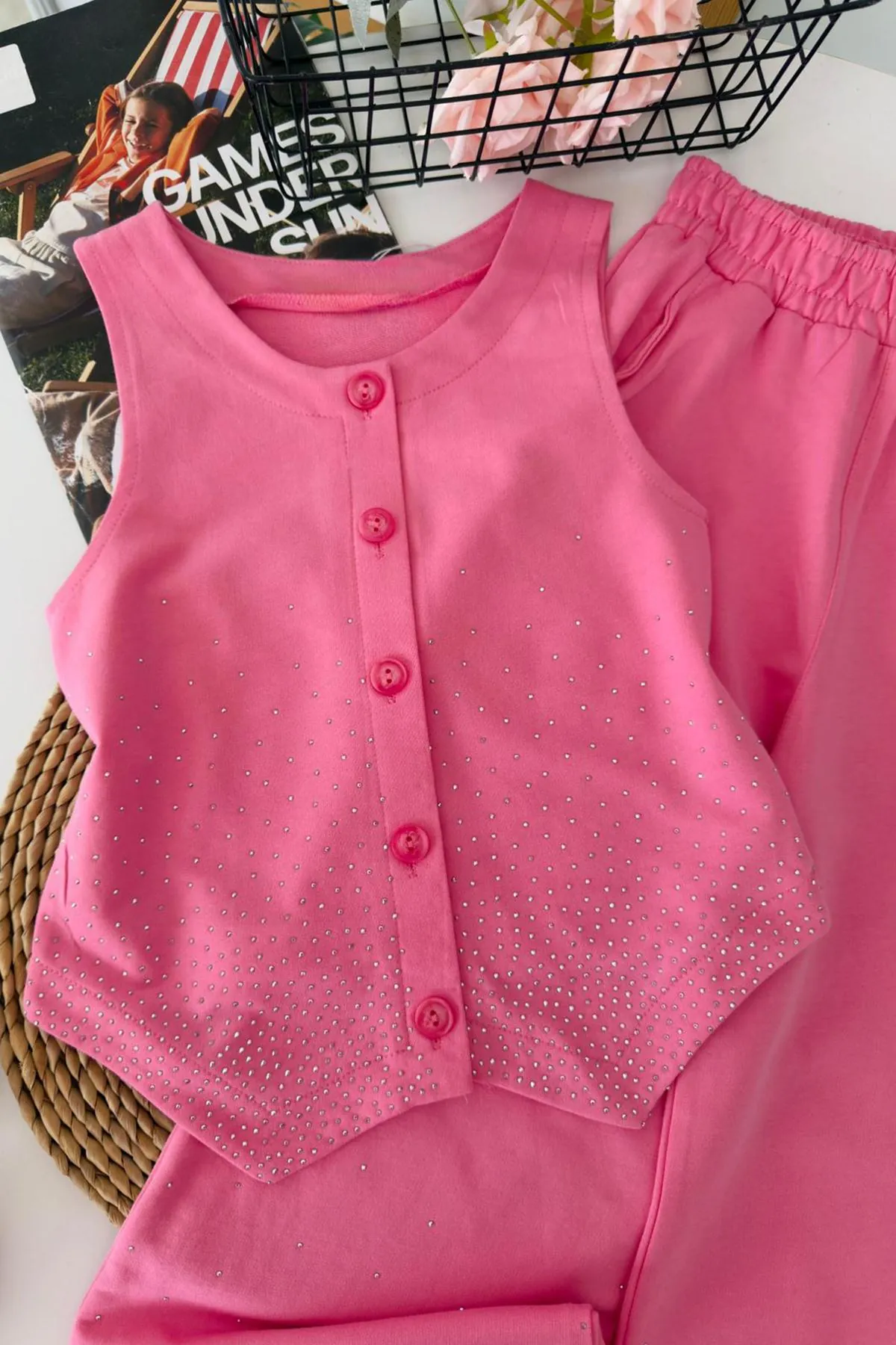 Miniğimin Cicileri Taş İşlemeli Yelekli Kız Çocuk 2 li Takım - Pembe