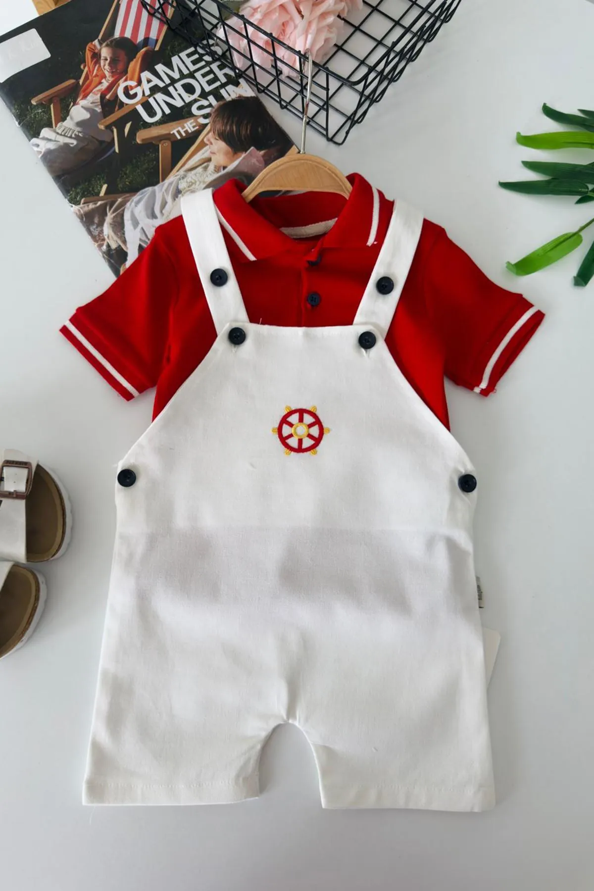 Kaptan Dümen baskılı Erkek Bebek 2 li Takım - Kırmızı