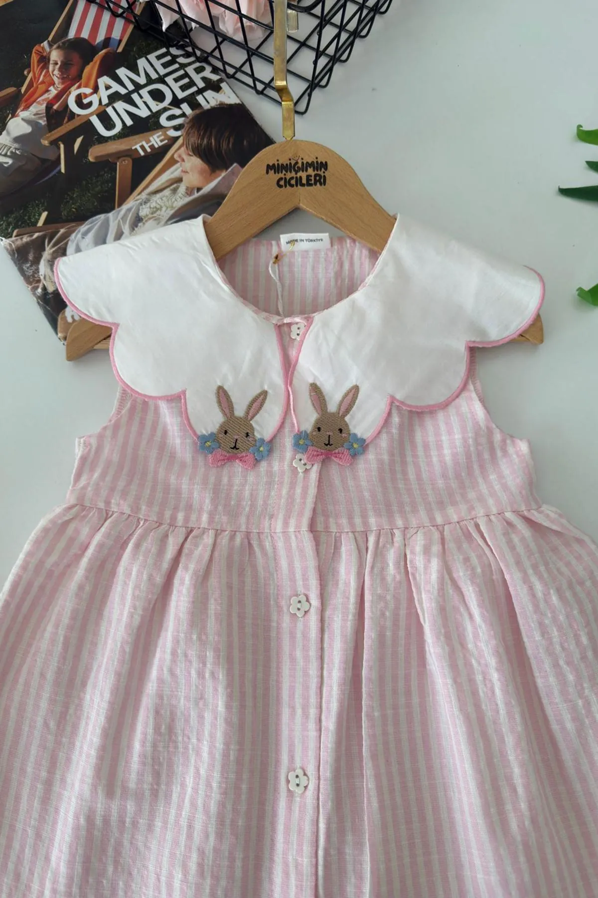 Miniğimin Cicileri Tavşan yaka Detaylı Çizgili Kız Çocuk Elbise - Pembe