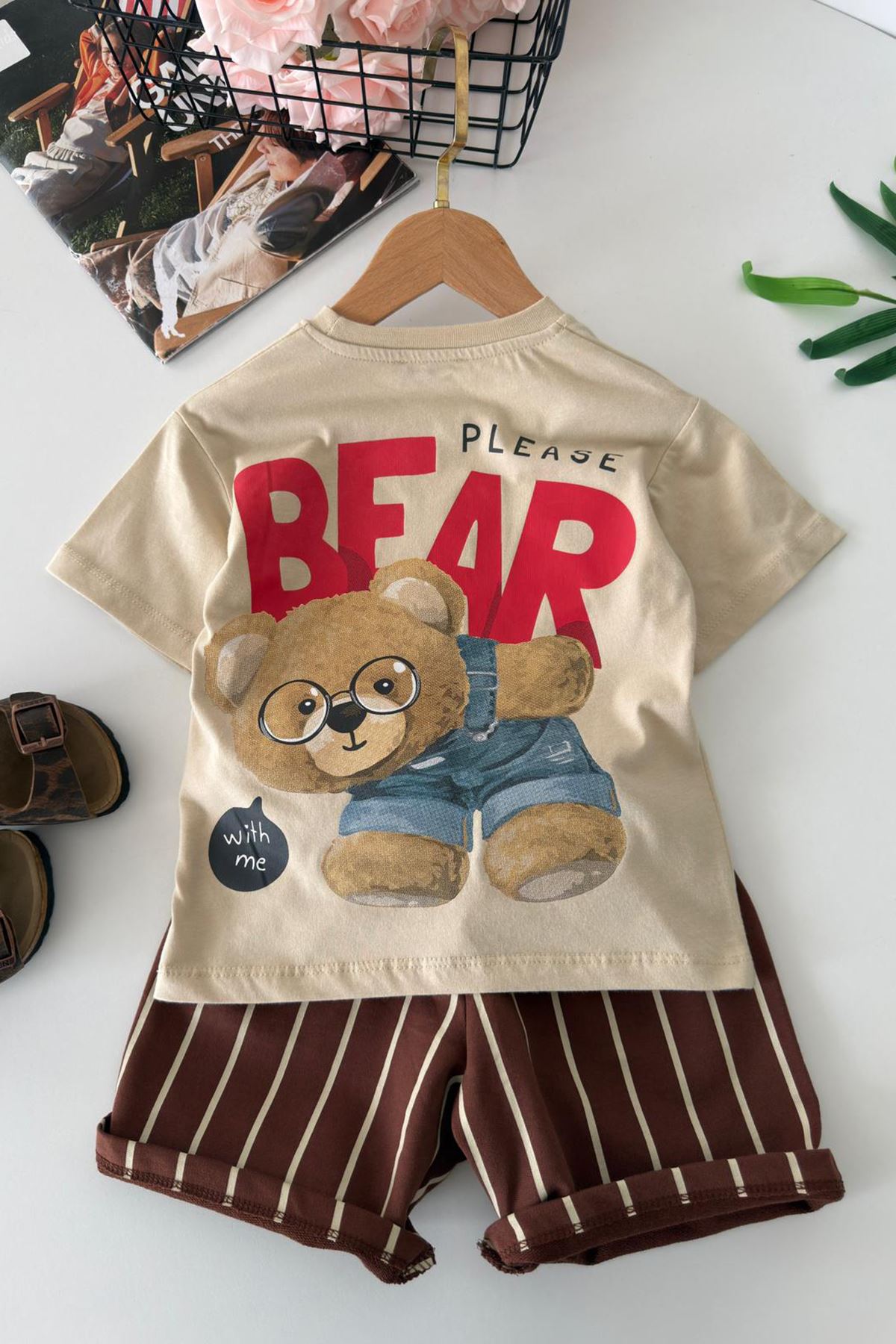 Miniğimin Cicileri Bear Baskılı Erkek Çocuk Şortlu Takım - Bej