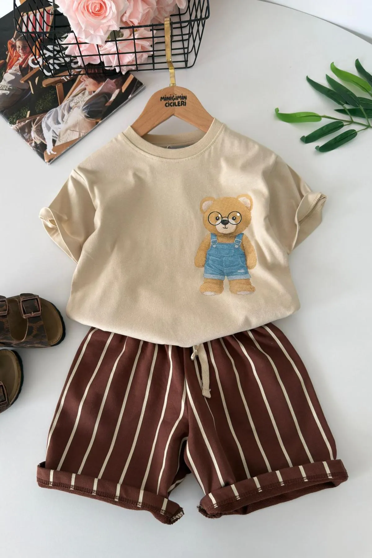 Miniğimin Cicileri Bear Baskılı Erkek Çocuk Şortlu Takım - Bej