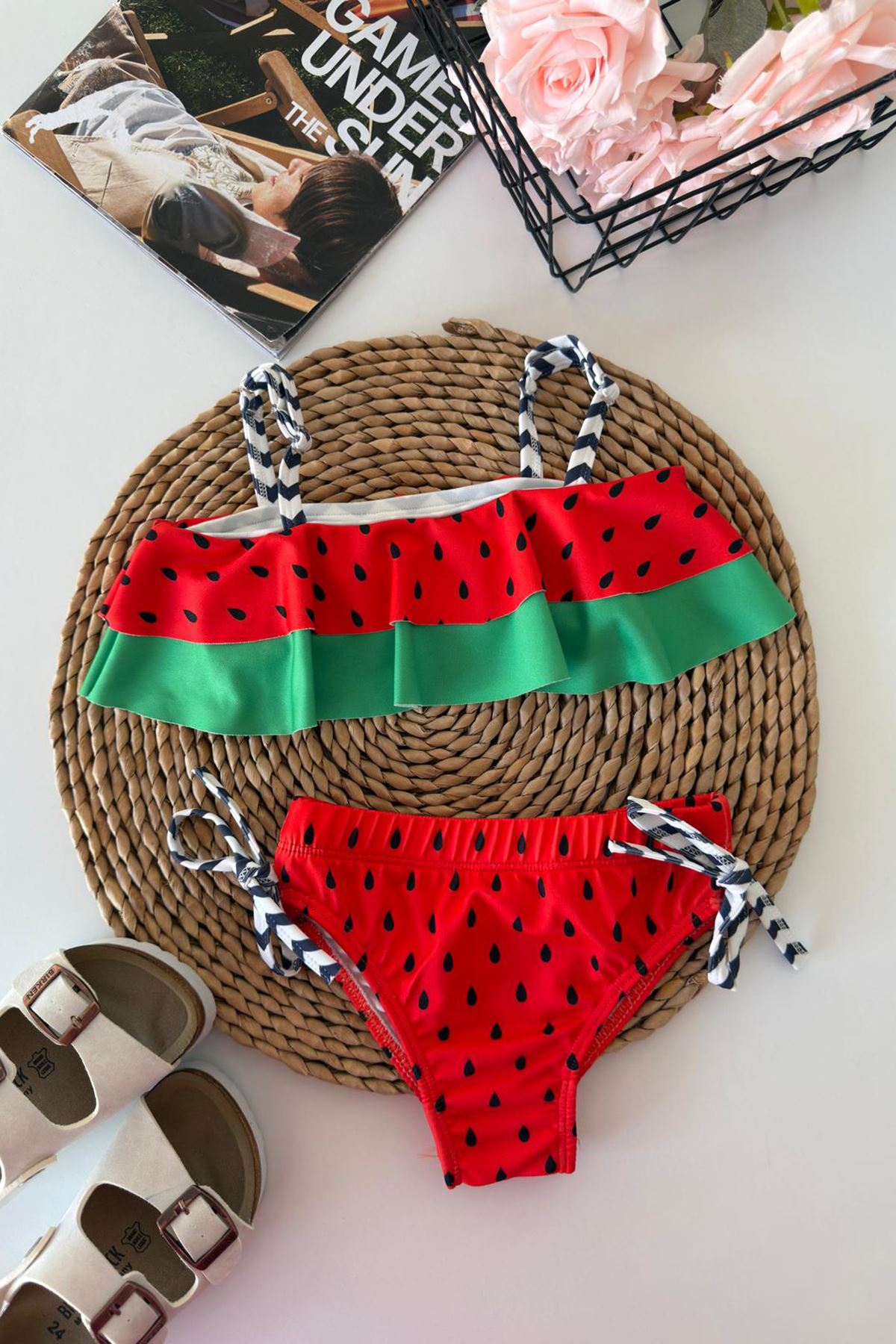 Miniğimin Cicileri Karpuz desenli Kız Çocuk 2 li Mayo Bikini Takımı - Kırmızı