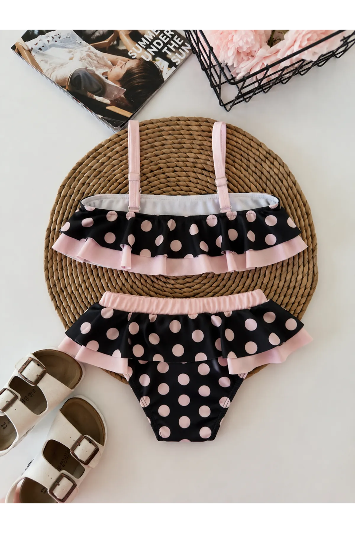 Miniğimin Cicileri Puantiyeli Fırfırlı Kız Çocuk Bikini Takımı - Pudra
