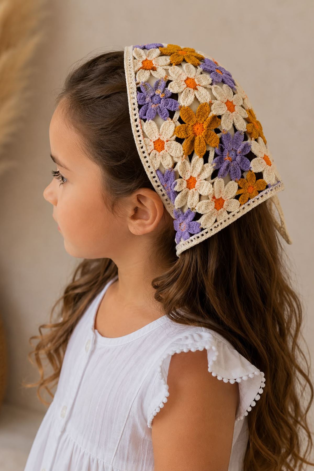 Miniğimin Cicileri Örgü Desenli Kız Çocuk Üçgen Bandana - Hardal