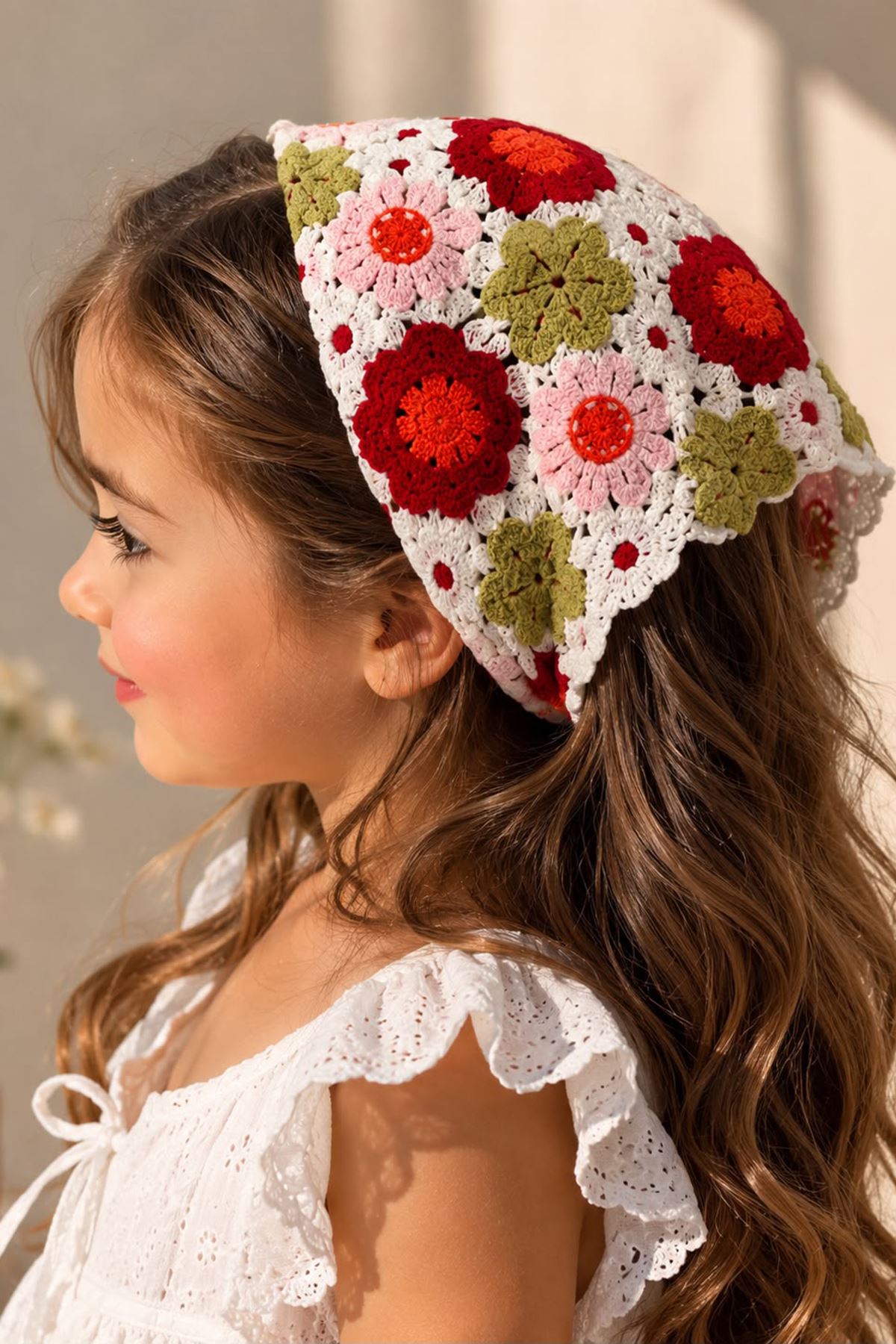 Miniğimin Cicileri Örgü Desenli Kız Çocuk Üçgen Bandana - Kırmızı