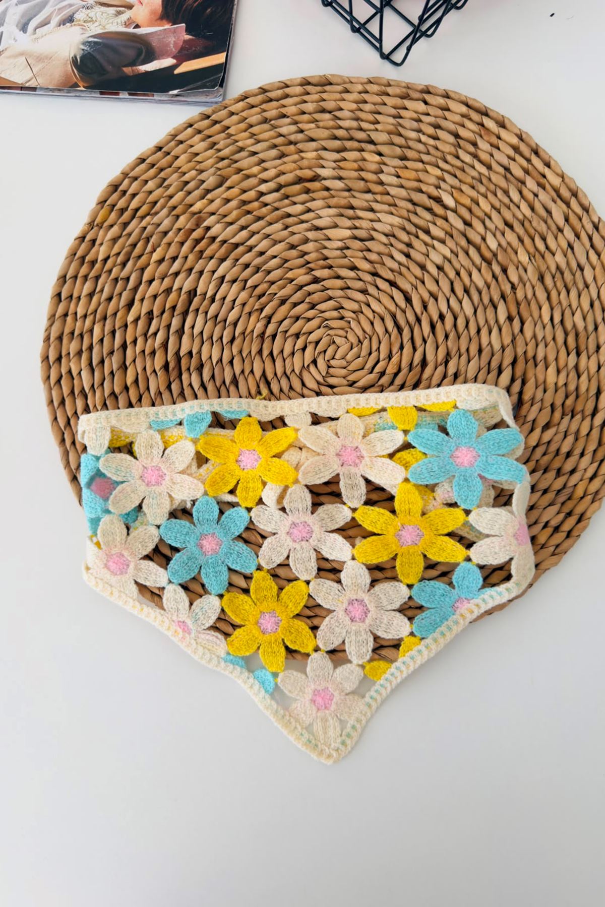 Miniğimin Cicileri Örgü Desenli Kız Çocuk Üçgen Bandana - Sarı