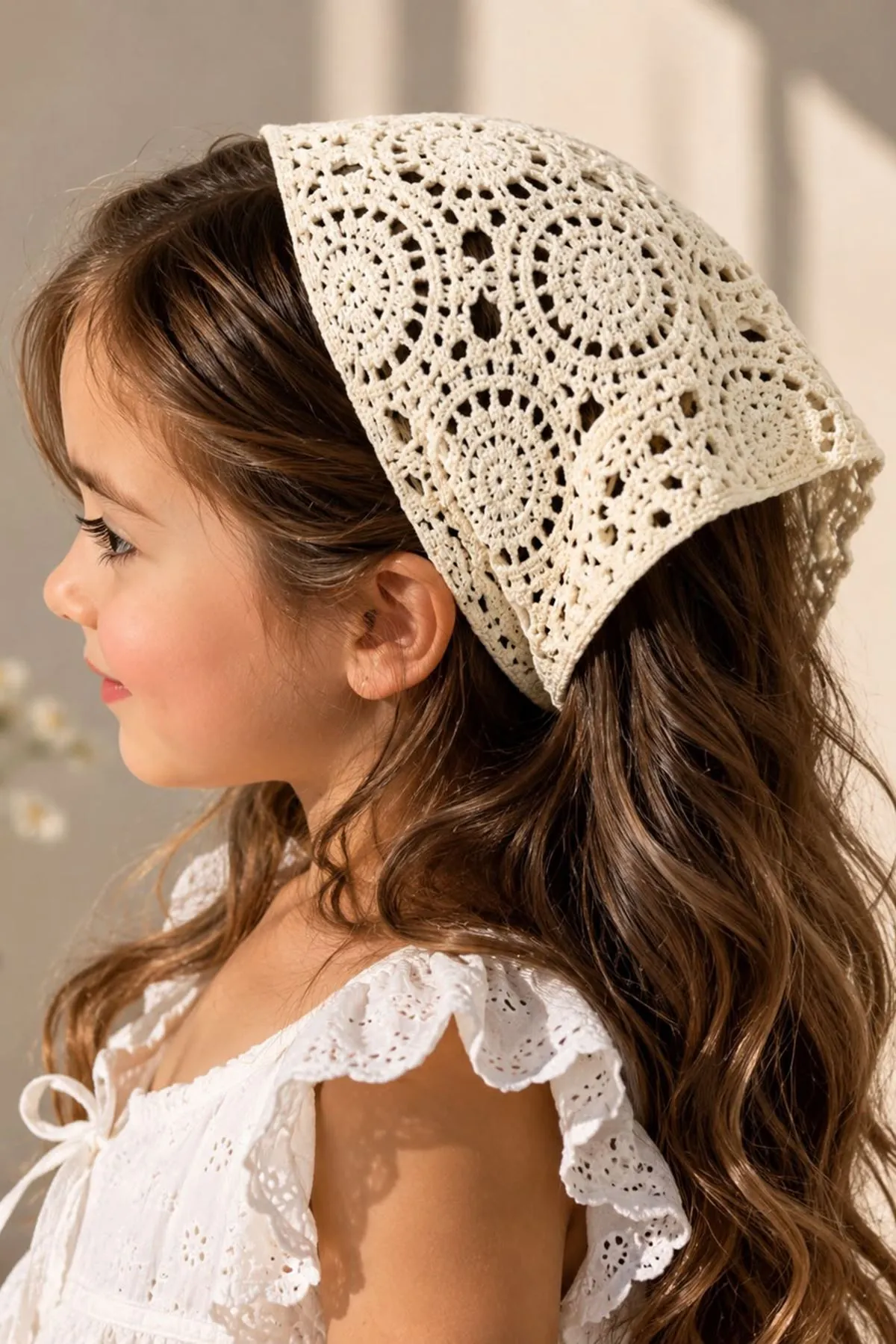 Miniğimin Cicileri Örgü Desenli Kız Çocuk Üçgen Bandana - Krem