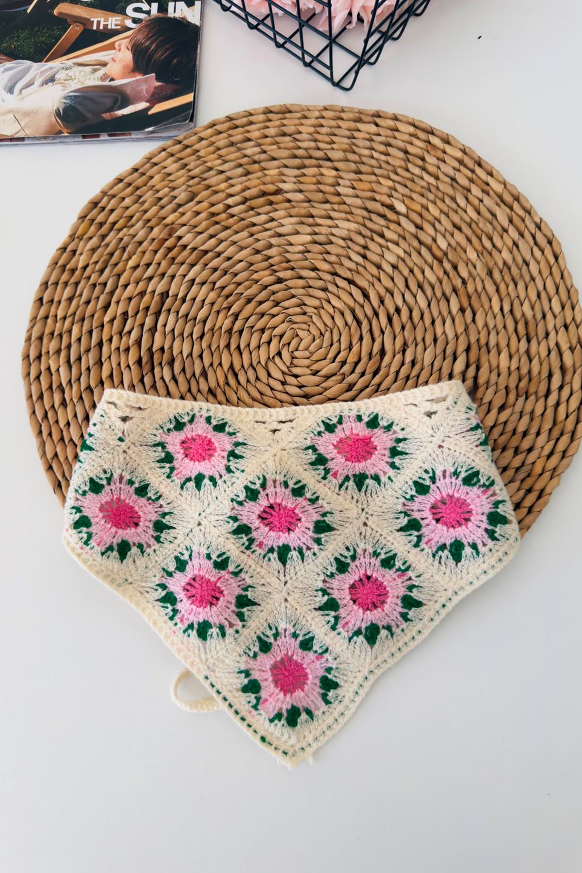 Miniğimin Cicileri Örgü Desenli Kız Çocuk Üçgen Bandana - Yeşil