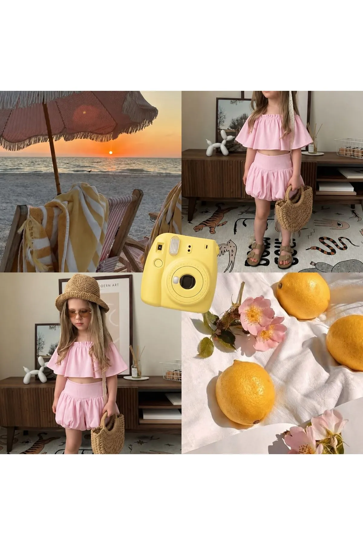 Miniğimin Cicileri Volanlı Keten Balon Şortlu Kız Çocuk Takım - Pembe