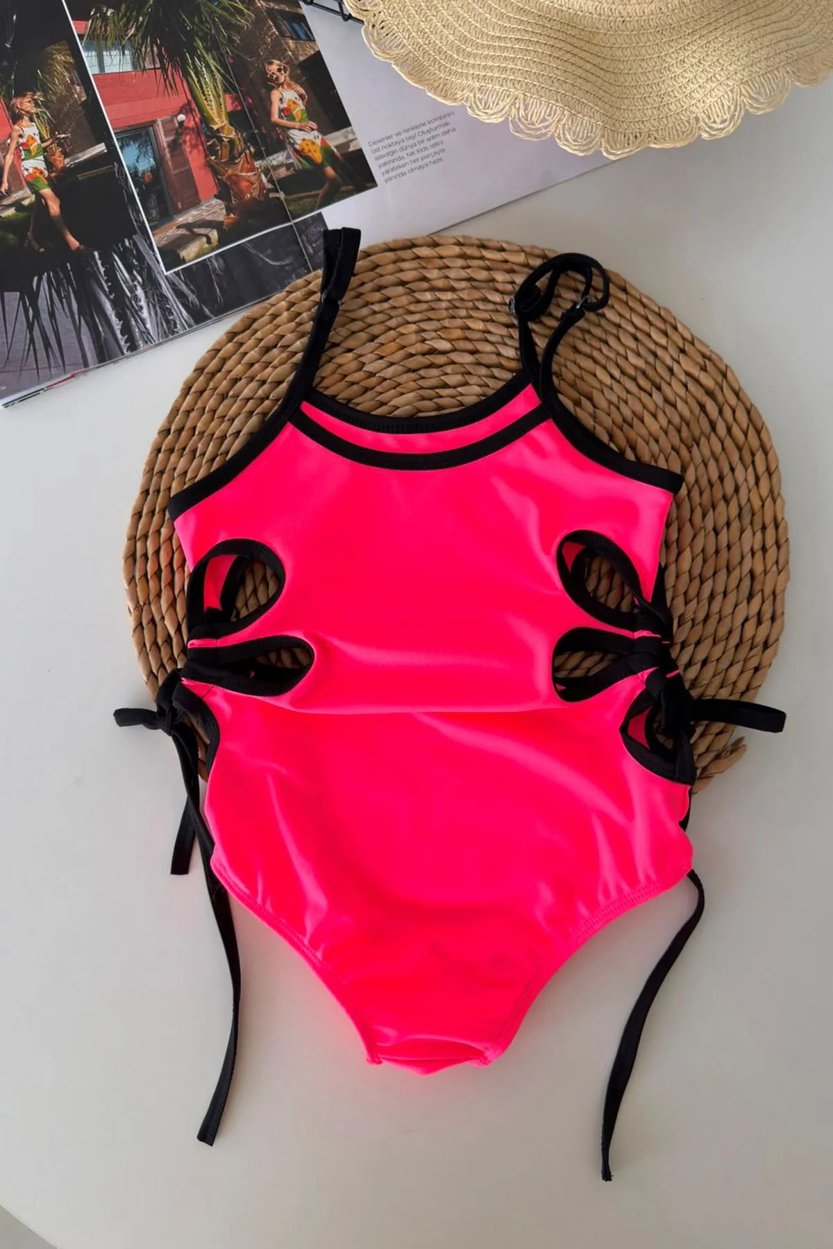 Neon Pembe Bağlama Detaylı Kız Çocuk Mayo - Fuşya