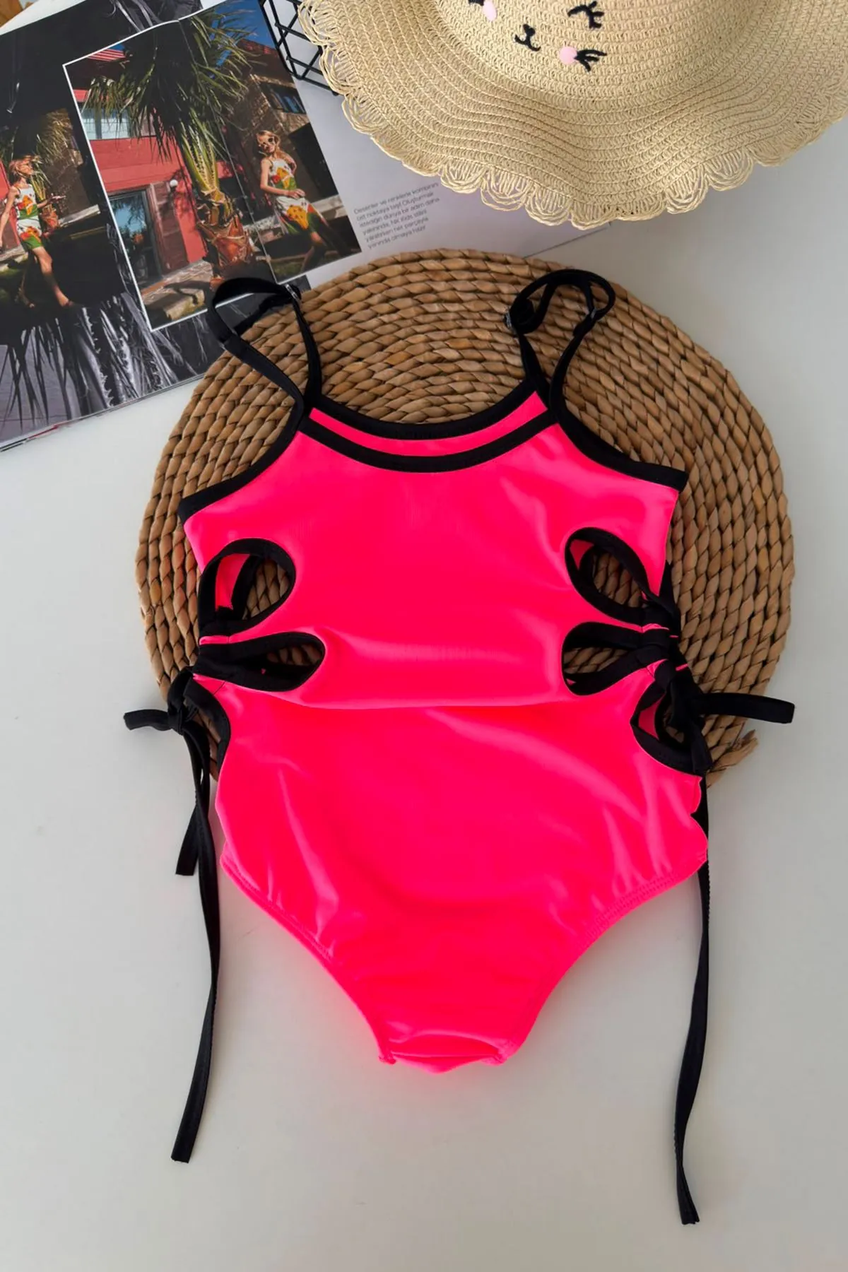 Neon Pembe Bağlama Detaylı Kız Çocuk Mayo - Fuşya