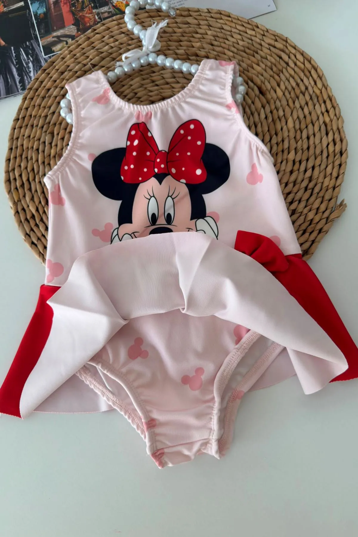 Mnn Baskılı Fiyonk Detaylı Kız Çocuk Mayo Bikini - Pembe