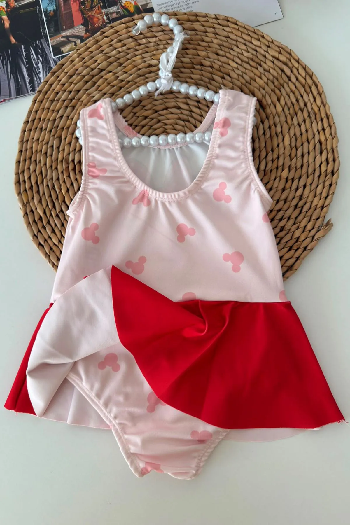 Mnn Baskılı Fiyonk Detaylı Kız Çocuk Mayo Bikini - Pembe
