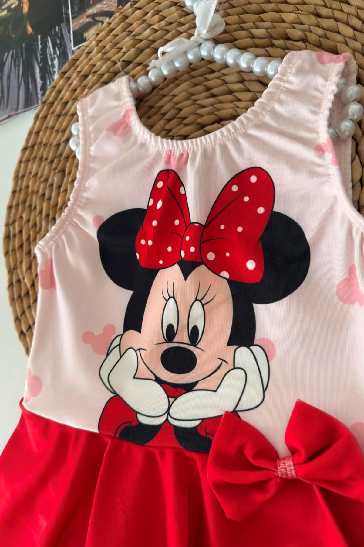 Mnn Baskılı Fiyonk Detaylı Kız Çocuk Mayo Bikini - Pembe