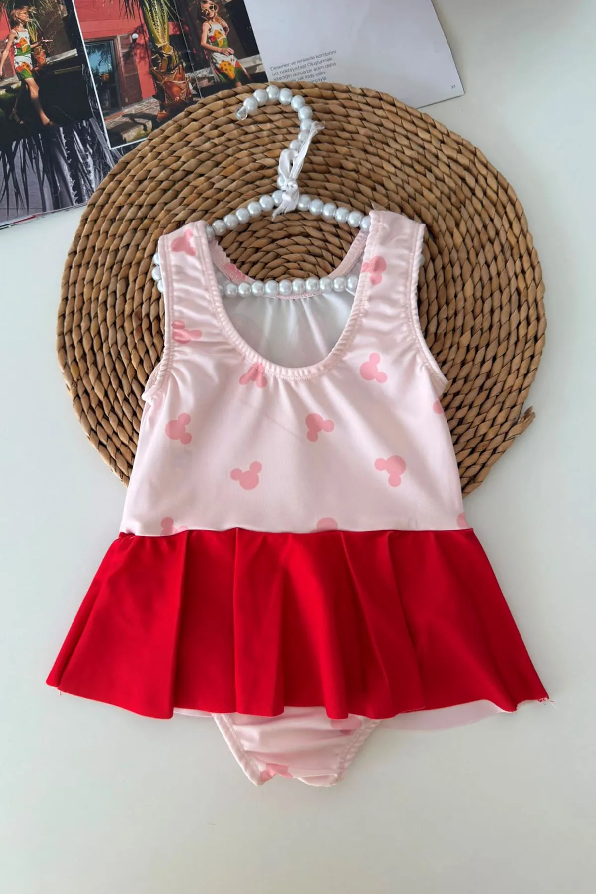 Mnn Baskılı Fiyonk Detaylı Kız Çocuk Mayo Bikini - Pembe