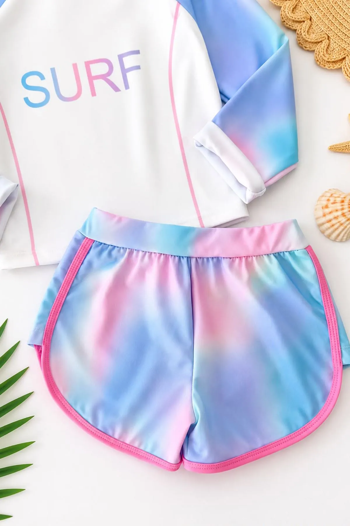 Surf Pastel Batik Desenli Kız Çocuk Mayo Takımı - Turkuaz
