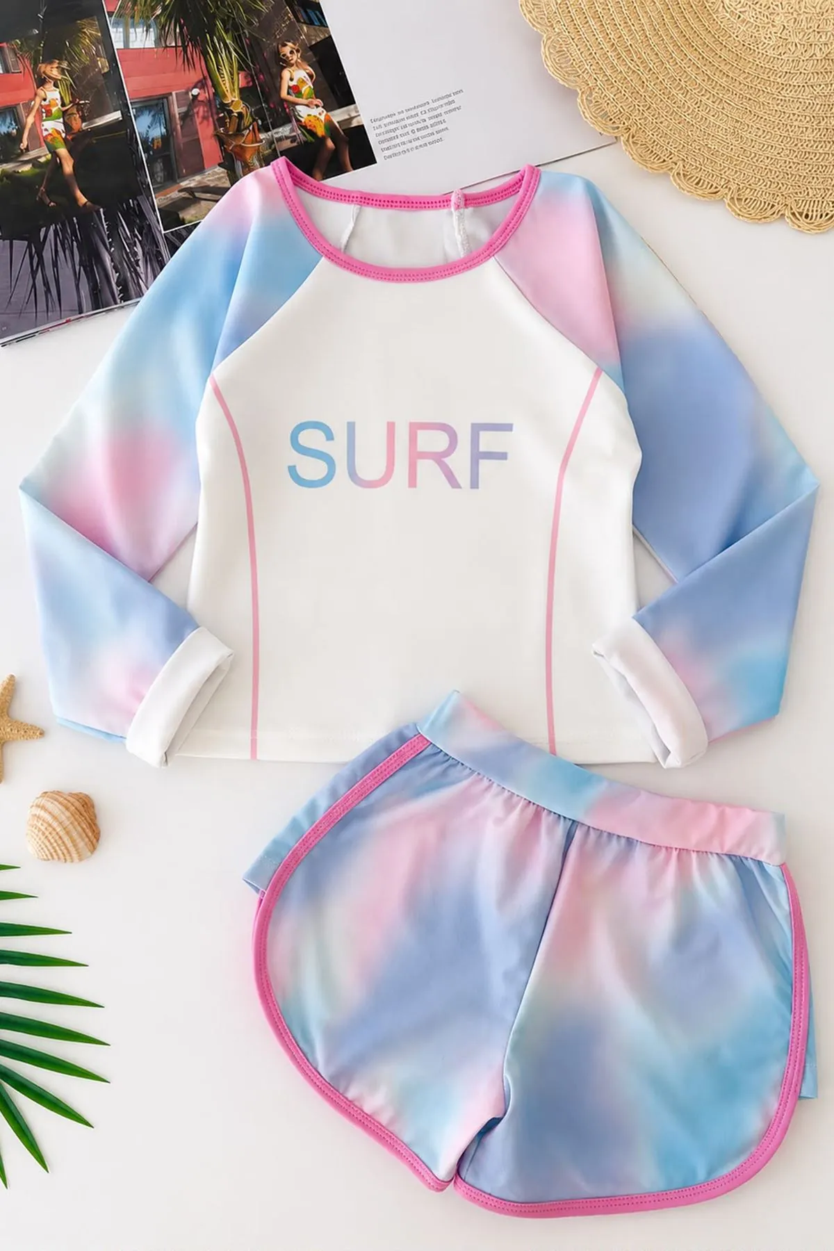 Surf Pastel Batik Desenli Kız Çocuk Mayo Takımı - Turkuaz