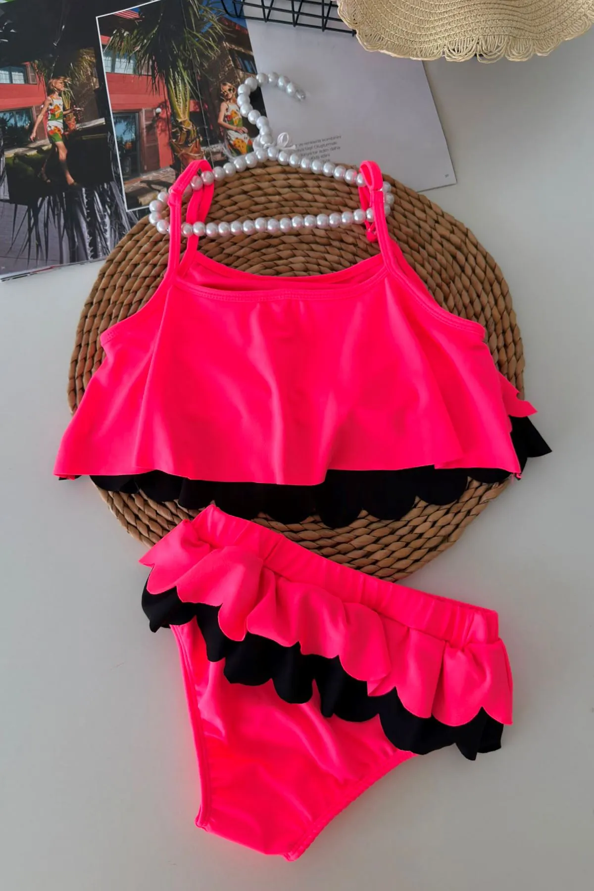 Kalp Desenli Fırfırlı Kız Çocuk Bikini Takımı - Fuşya
